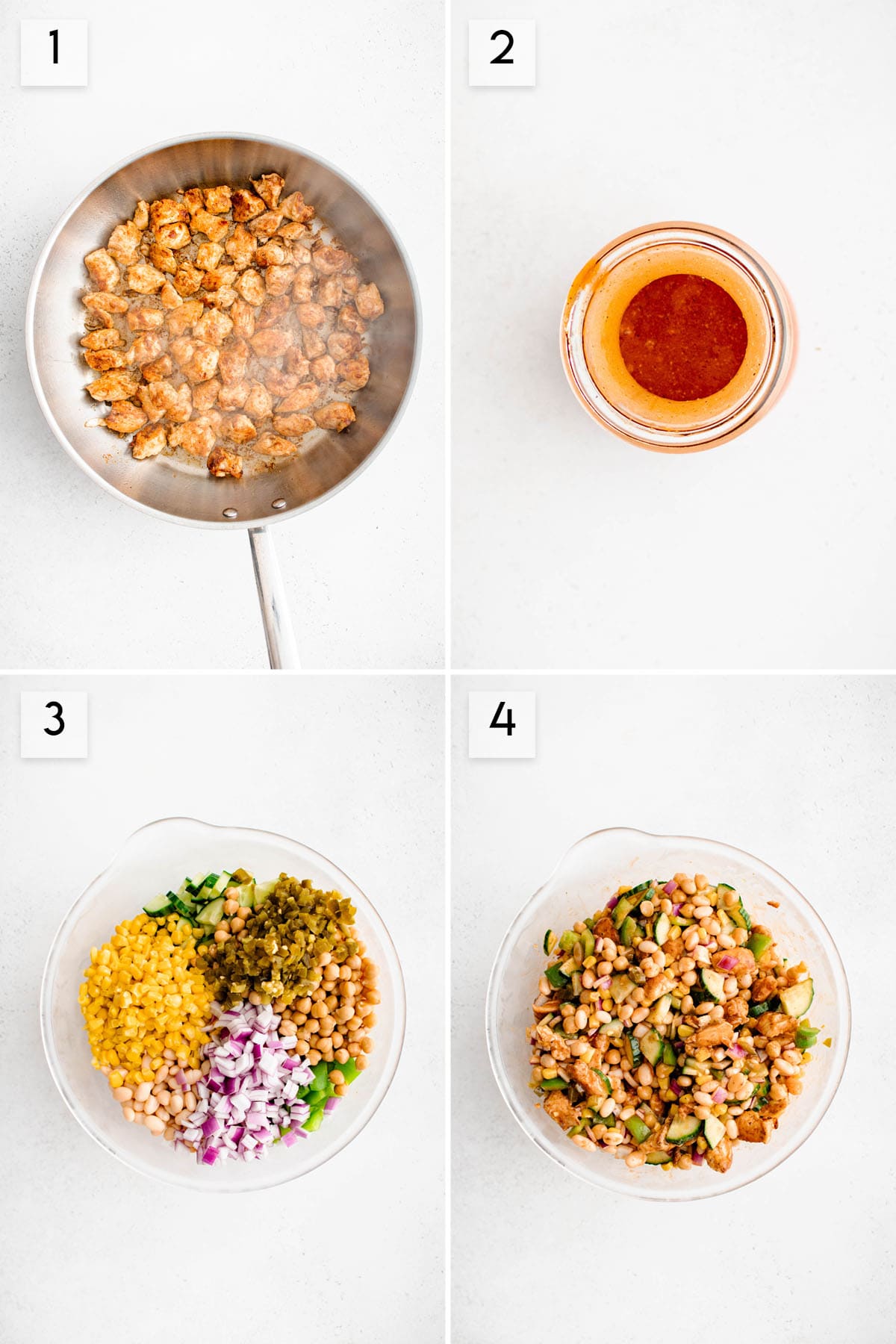 four panel collage image showing the process of making buffalo chicken bean salad. the first image shows cubed chicken being cooked in a skillet. the second image shows the buffalo dressing ingredients stirred together. the third image shows the buffalo chicken bean salad ingredients in a bowl. the fourth image shows the chicken buffalo dressing, and salad ingredients all tossed together in a large bowl.