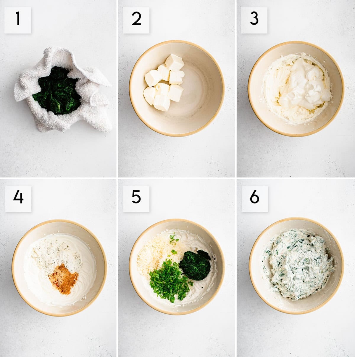 six panel collage image showing the process of making cajun ranch spinach dip