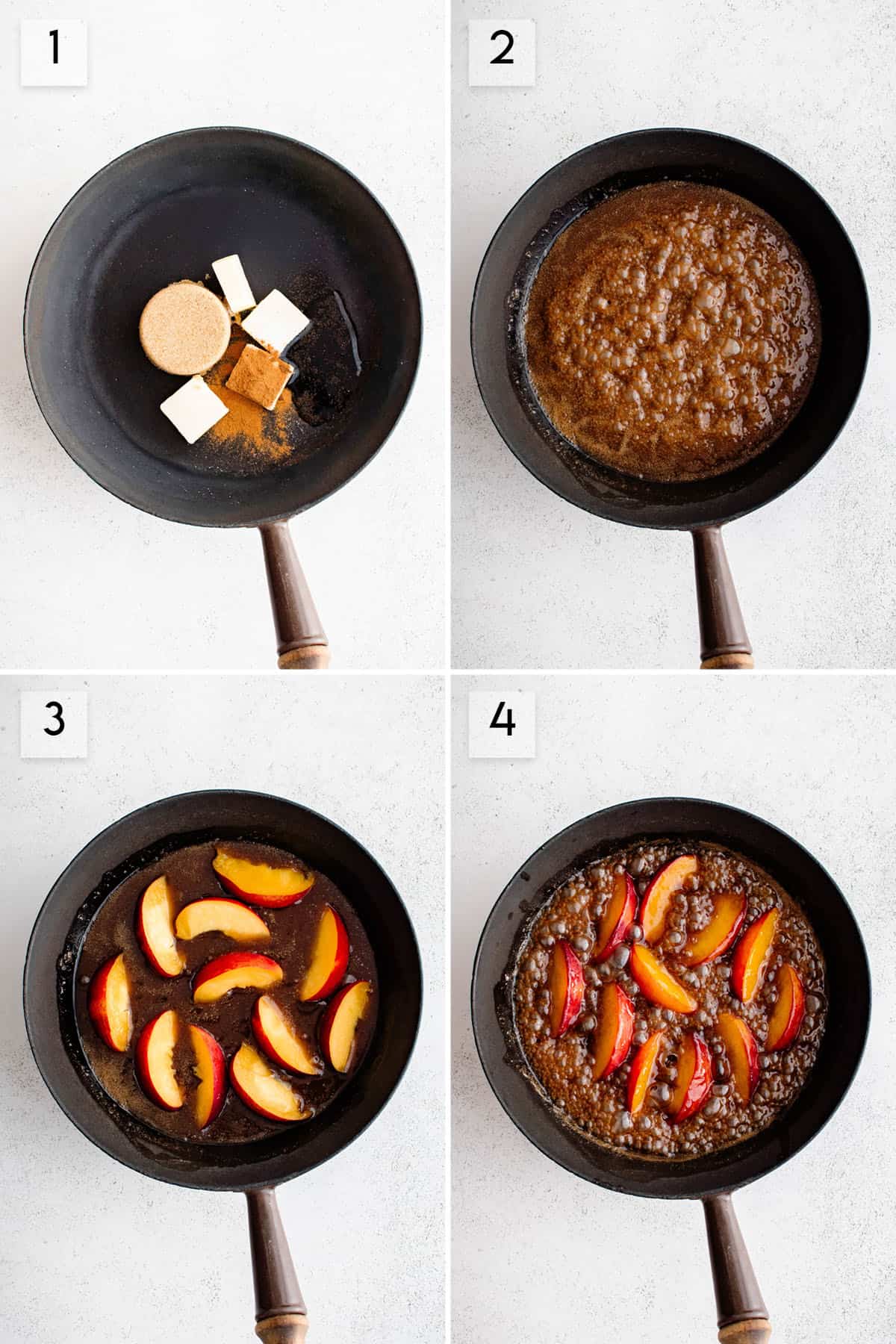 four panel collage image showing the process of making caramelized peaches