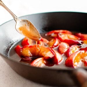 caramelized peaches in a skillet
