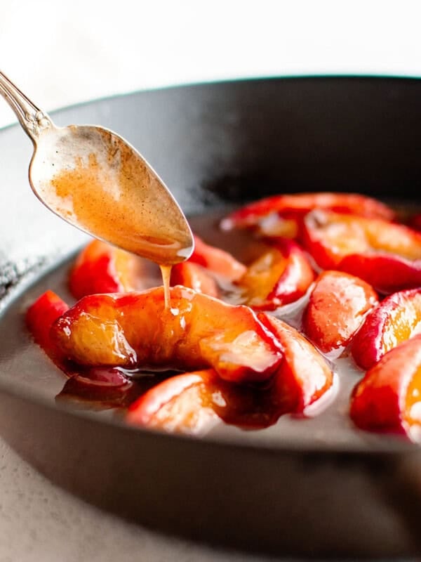 caramelized peaches in a skillet