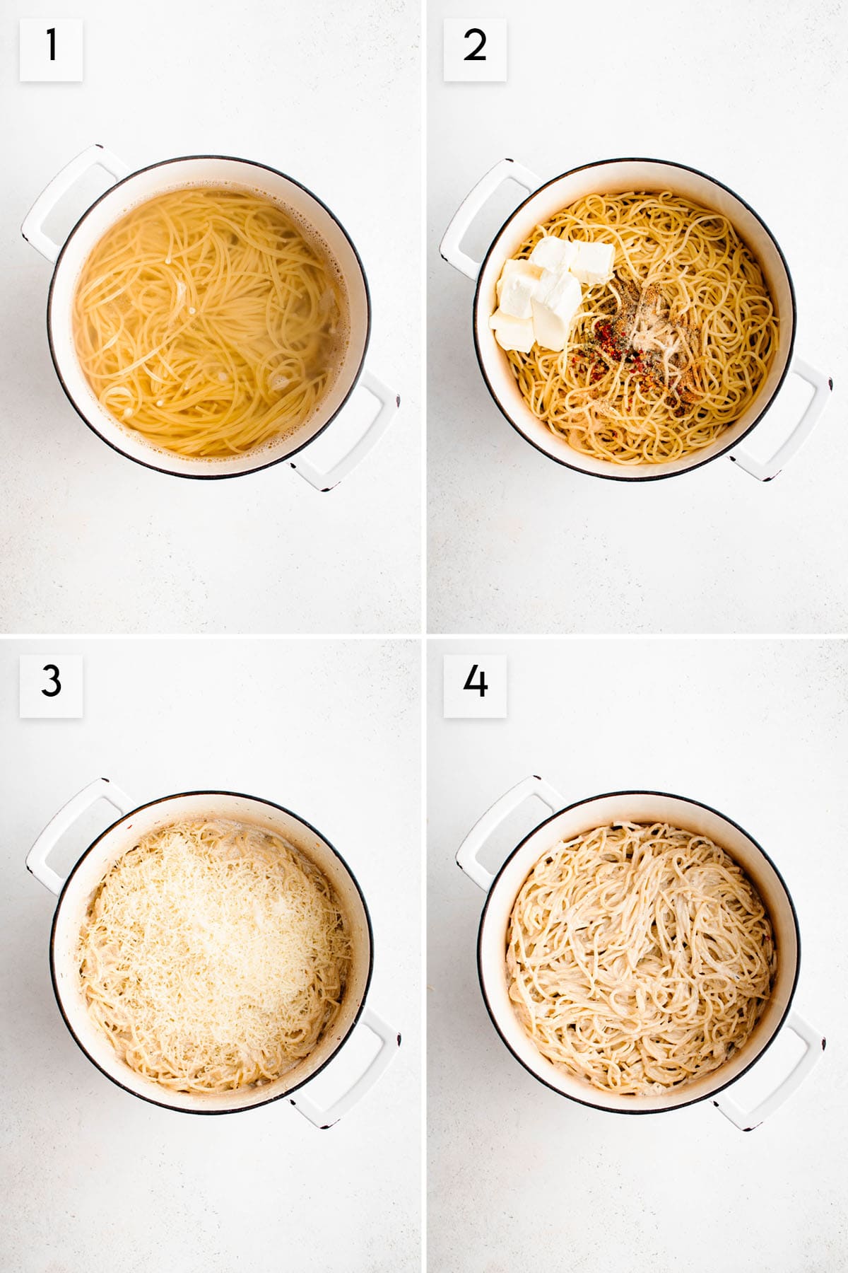 four panel collage image showing the process of making cream cheese pasta