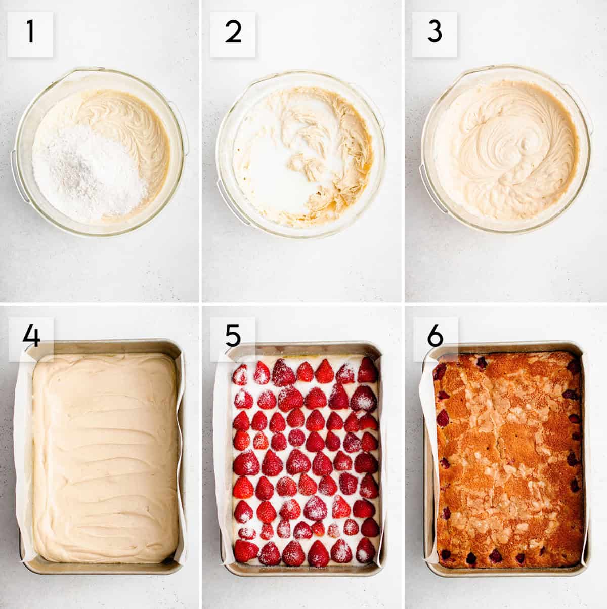six panel collage image showing the process of making easy strawberry cake