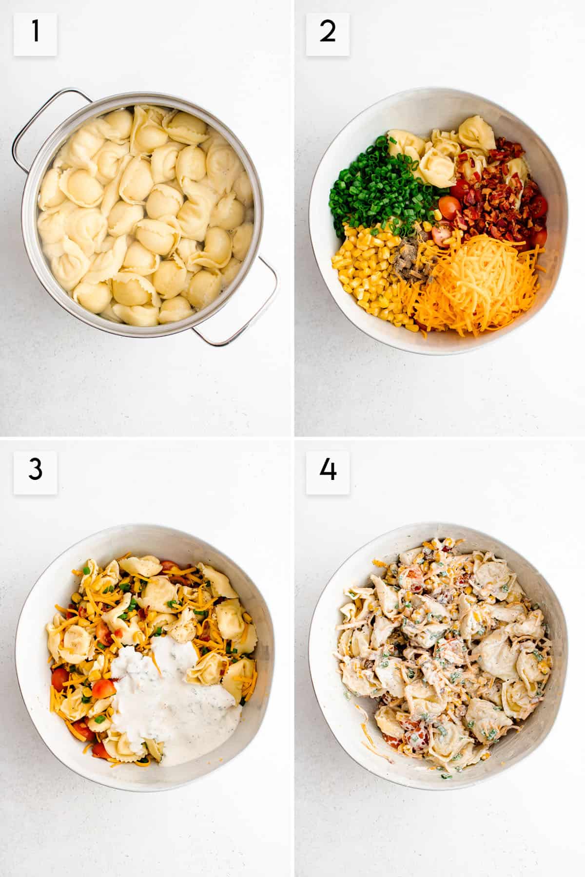 four panel collage image showing the process of making ranch tortellini salad