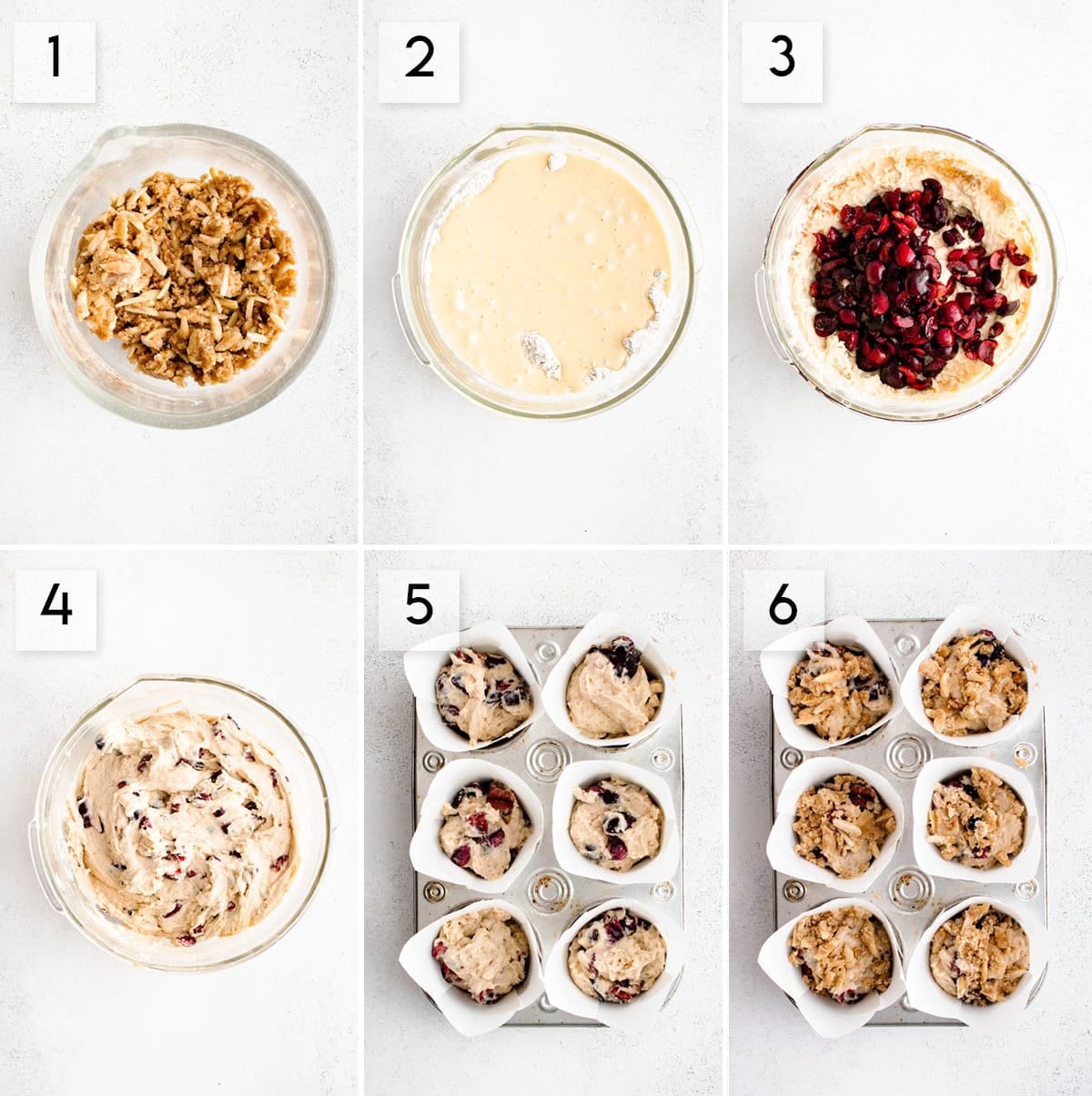 six panel collage image showing the process of making summer cherry muffins