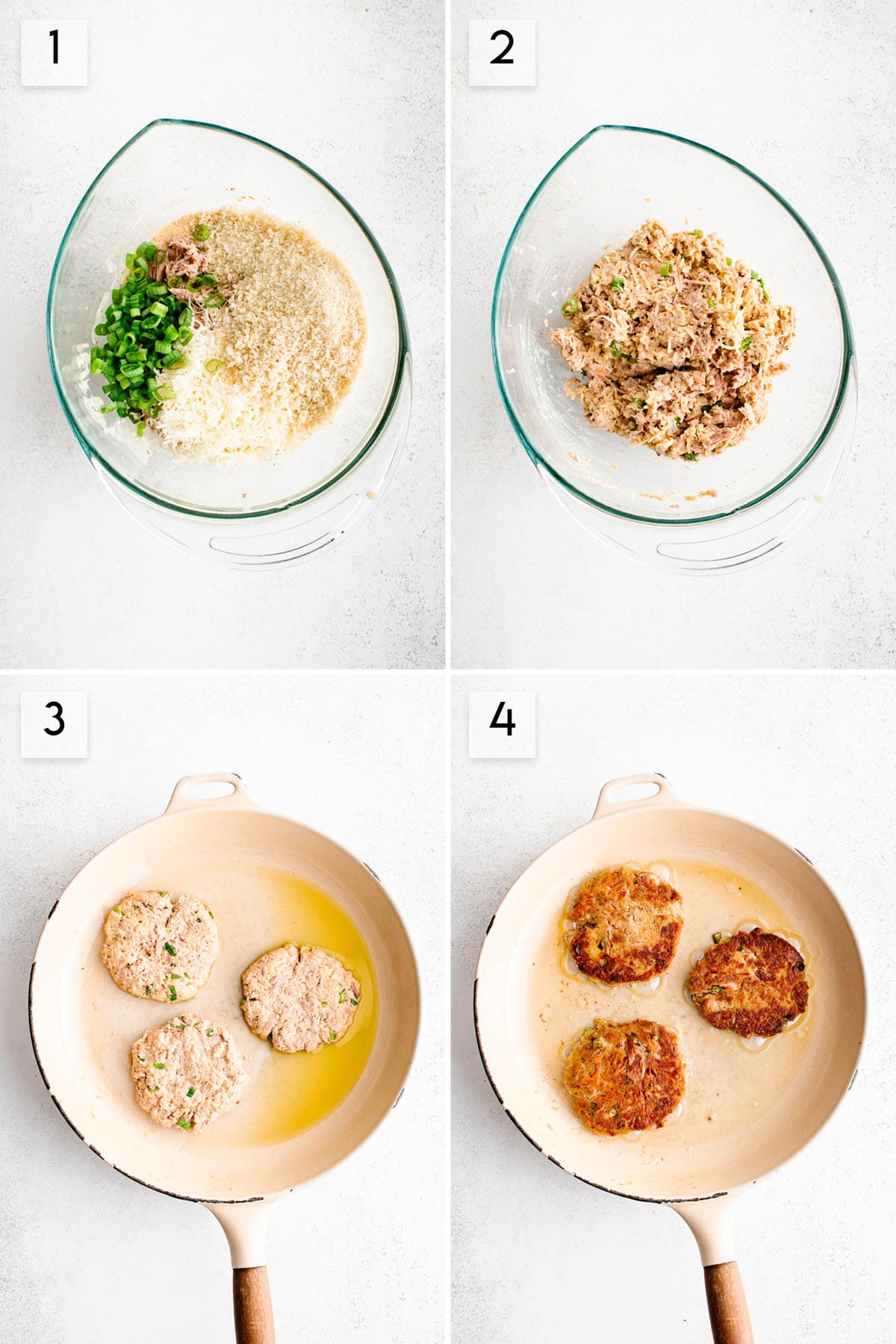 four panel collage image showing the process of making tuna patties