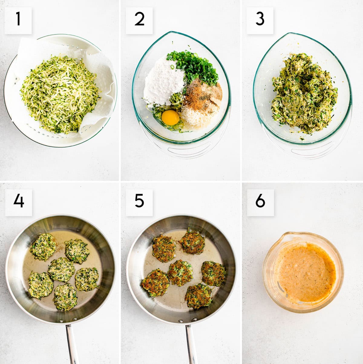 six panel collage image showing the process of making zucchini fritters