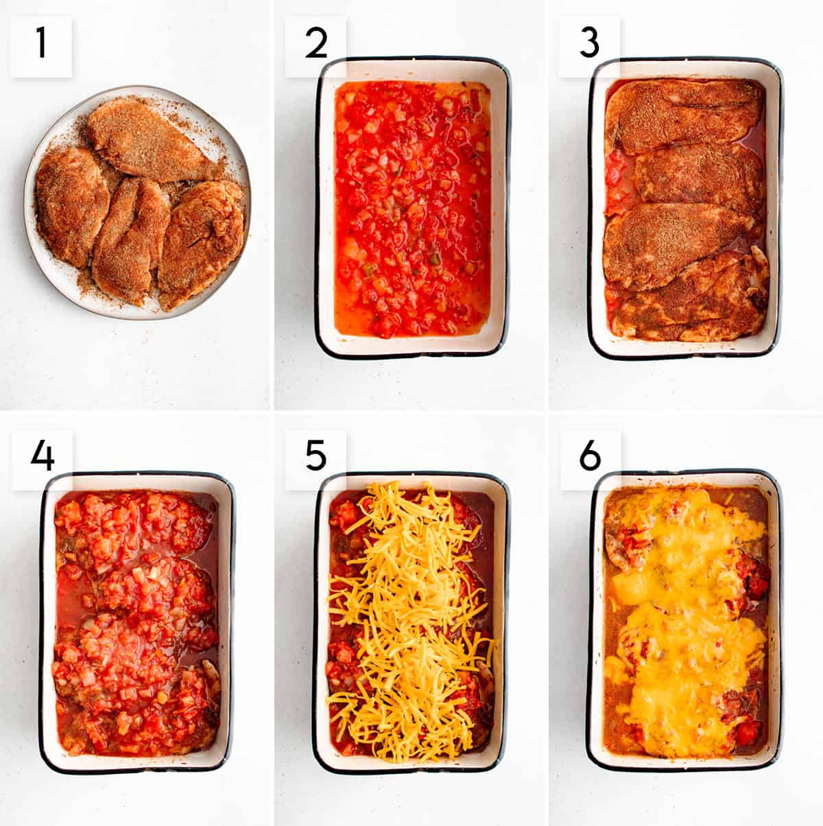 six panel collage image showing the process of making baked salsa chicken. The top left portion shows the seasoned chicken breasts on a plate, the middle top portion shows a thin layer of salsa spread across the bottom of a baking dish. The right top portion shows the seasoned chicken over the thin layer of salsa in the baking dish. The bottom left portion shows the chicken in the baking dish smothered in the remaining salsa. The bottom middle shows that shredded cheese has been added to the top of the dish. The last portion of the image shows the finished baked salsa chicken recipe in the baking dish.