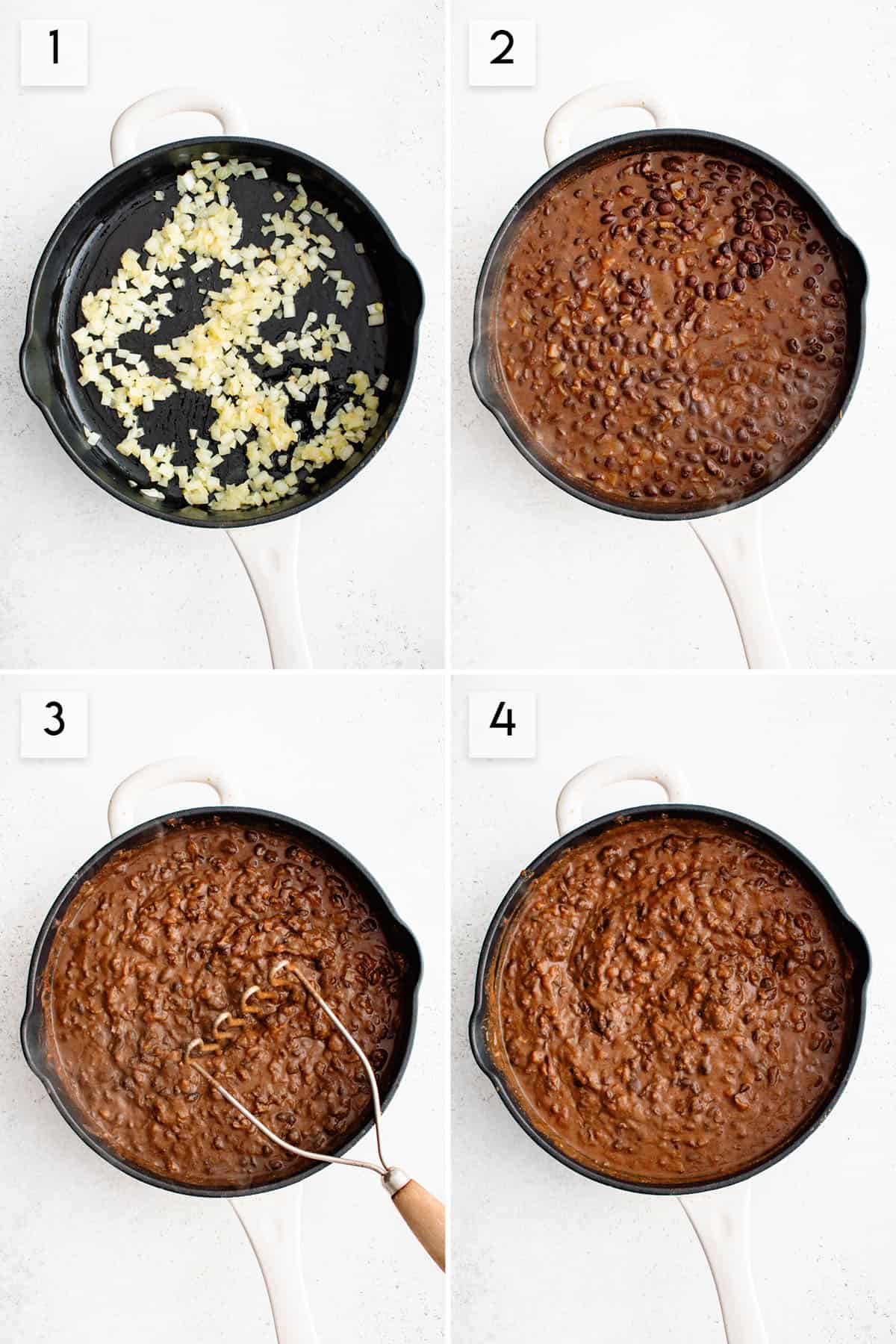 four panel collage image showing the process of making black bean tostadas