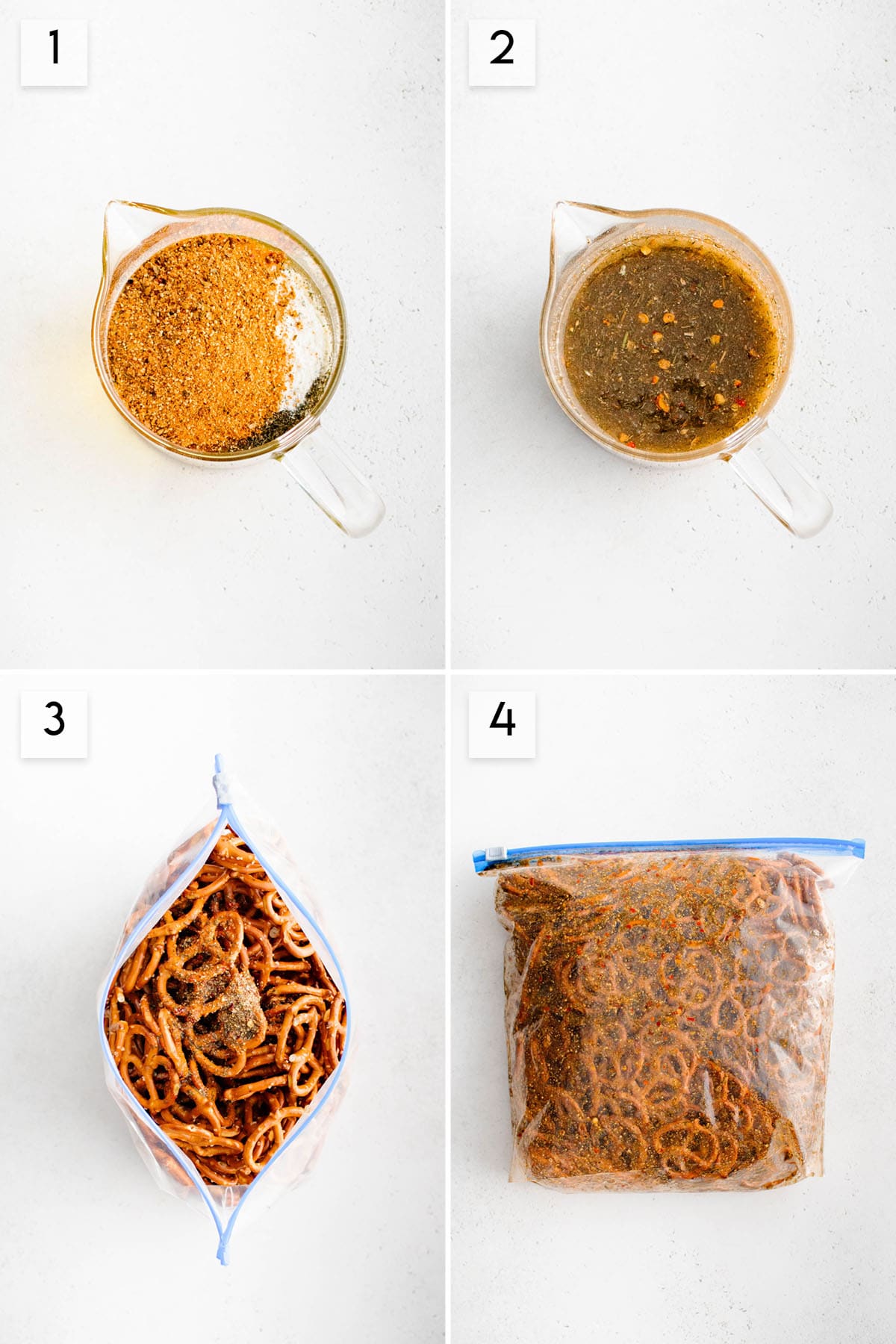 four panel collage image showing the process of making cajun dill pickle pretzels