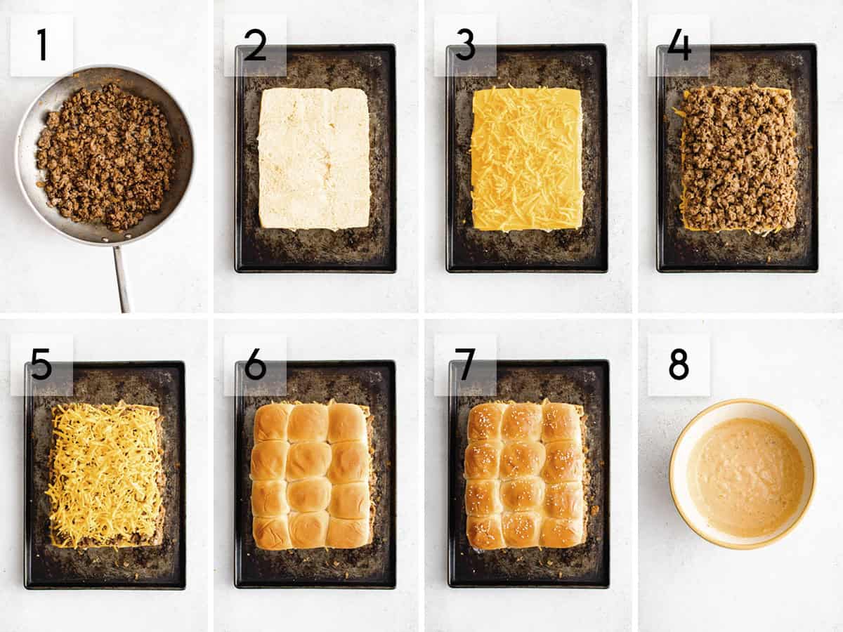 eight panel collage image showing the process of making cheeseburger sliders