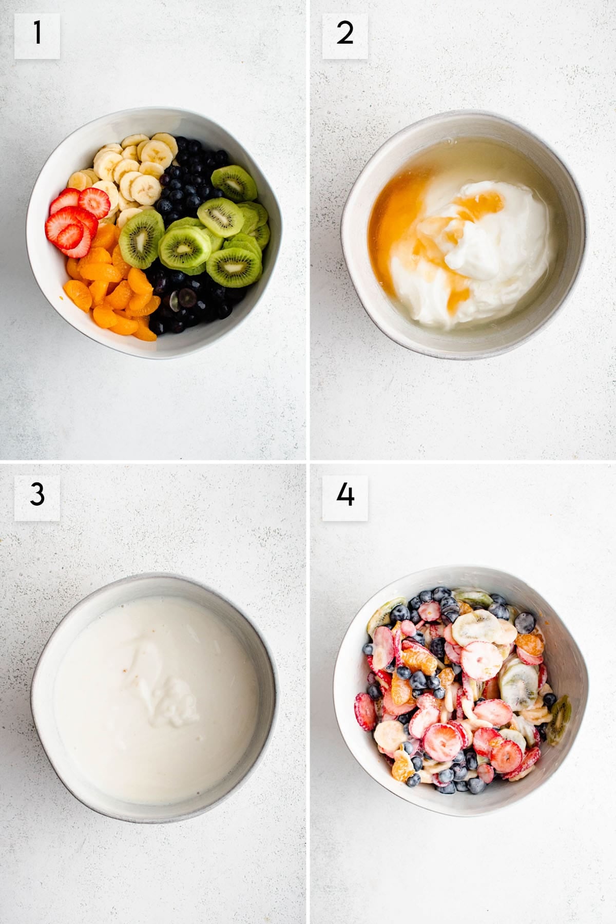 four panel collage image showing the process of making creamy fruit salad