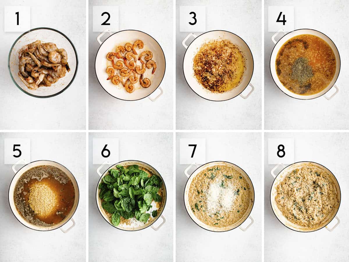 eight panel collage image showing the process of making garlic parmesan shrimp orzo