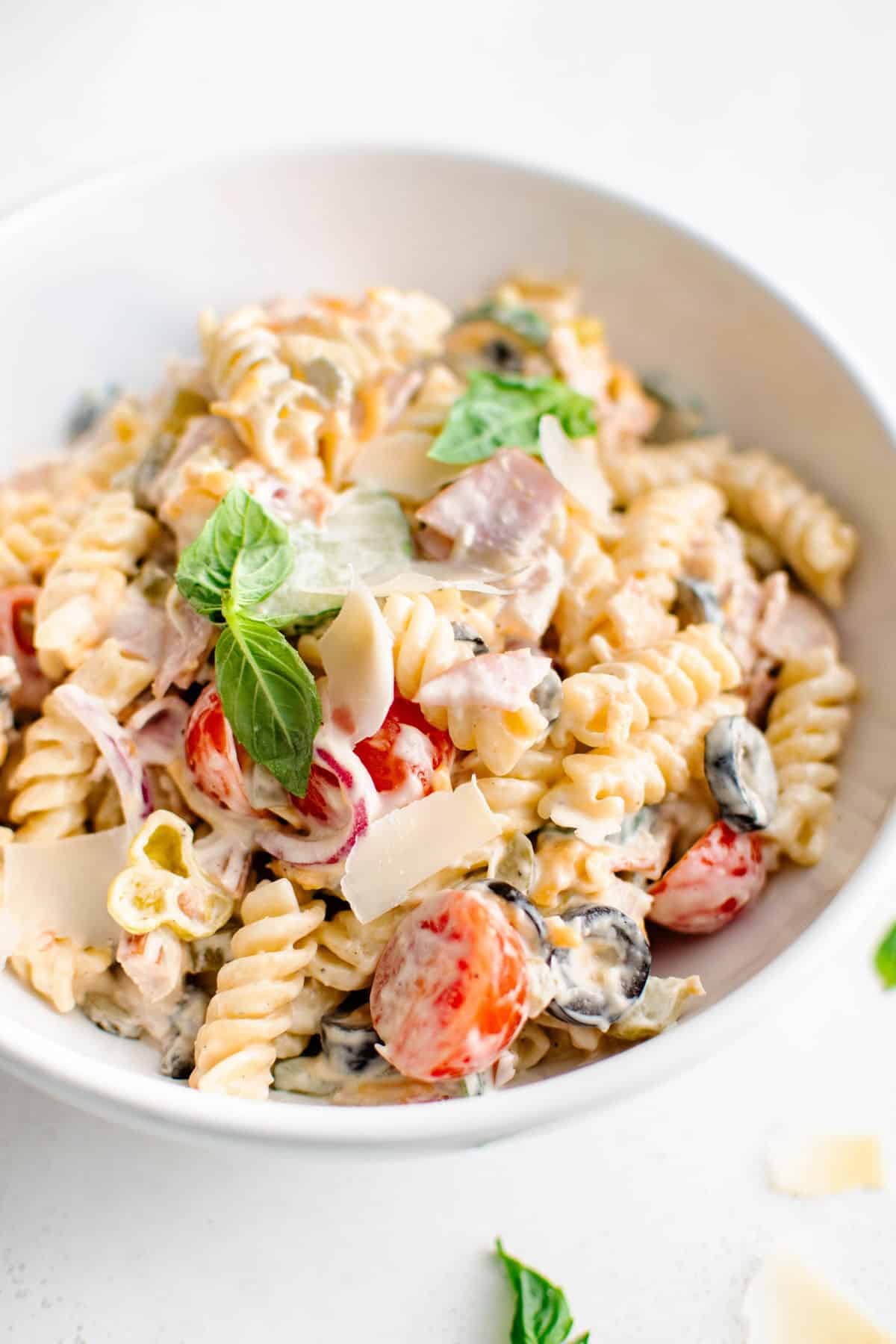 loaded pasta salad in a bowl