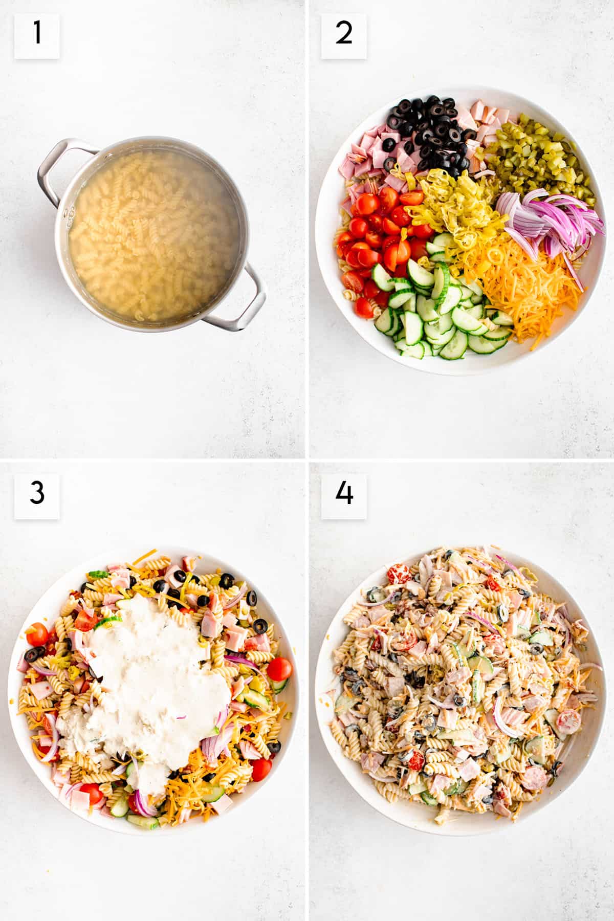 four panel collage image showing the process of making loaded pasta salad