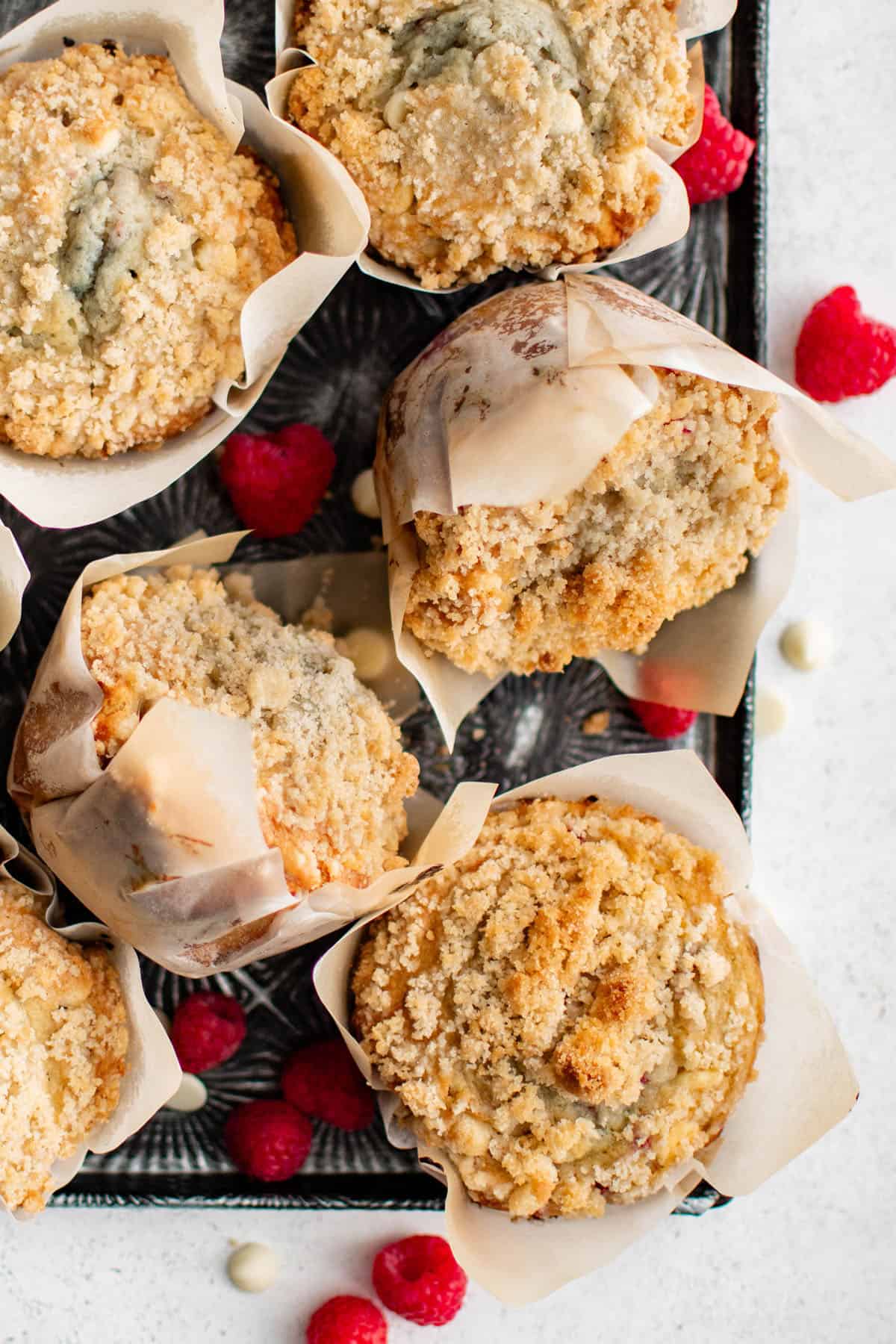 overhead photo of raspberry white chocolate muffins