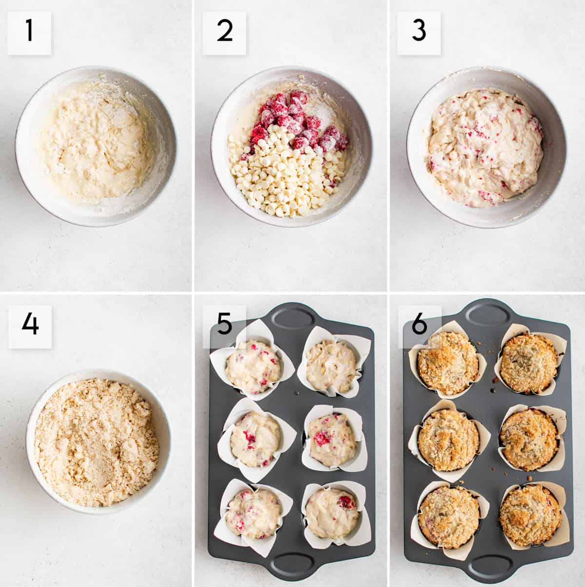 six panel collage image showing what the recipe for raspberry white chocolate muffins should look like during various stages of preparation