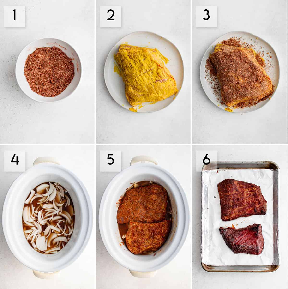 six panel collage image showing the process of making slow cooker brisket