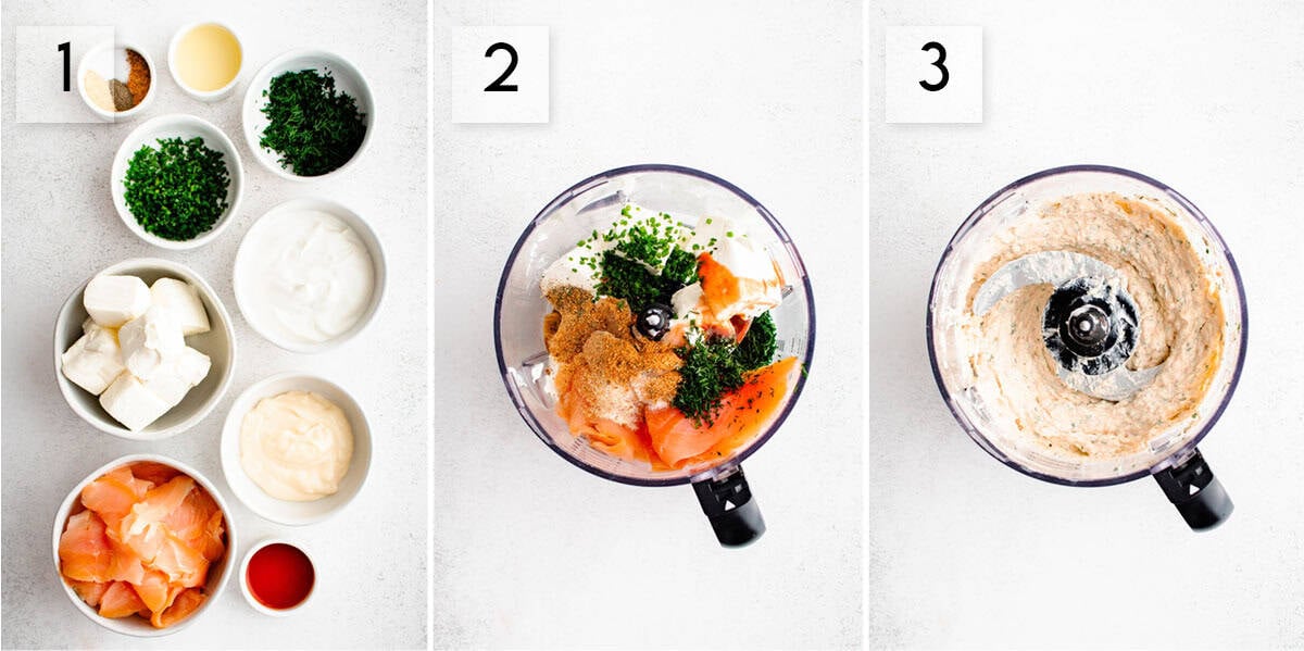 three panel collage image showing the process of making smoked salmon dip