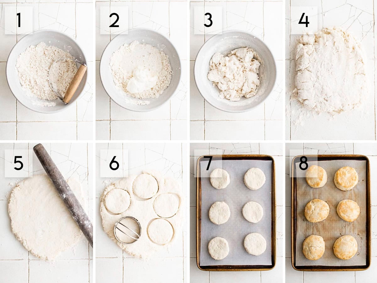 eight panel collage image showing what the process of making 7 up biscuits should look like at different stages of preparation