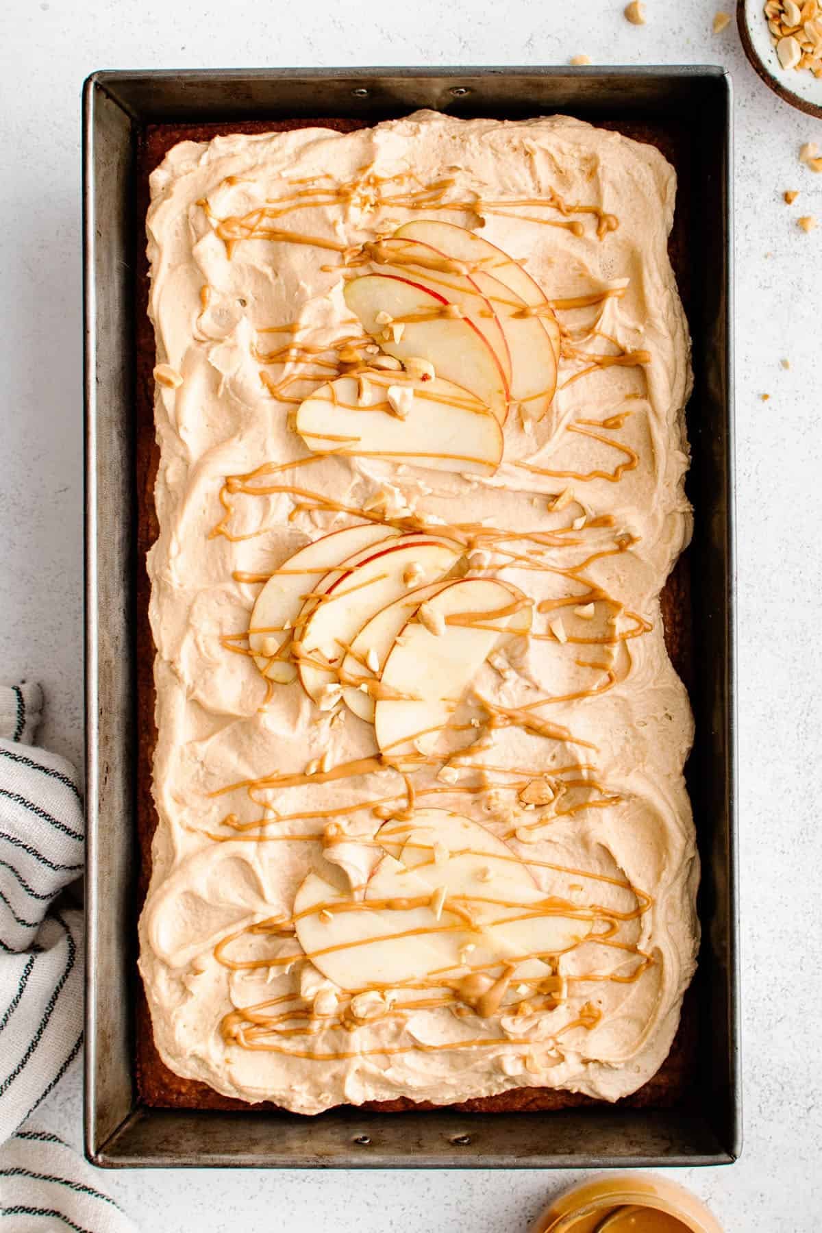 apple peanut butter cake in a baking dish