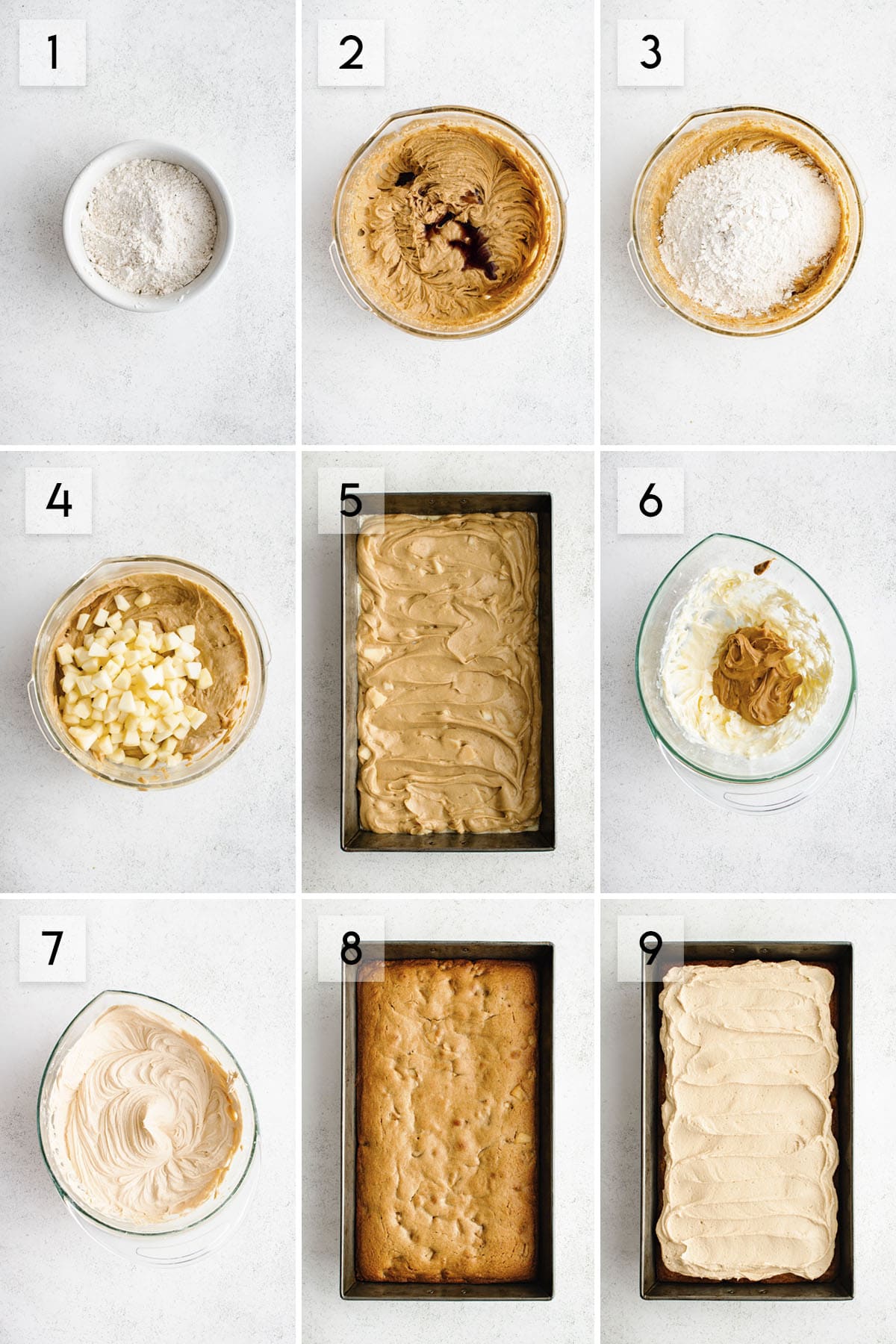 nine panel collage image showing what apple peanut butter cake should look like throughout the process of making it