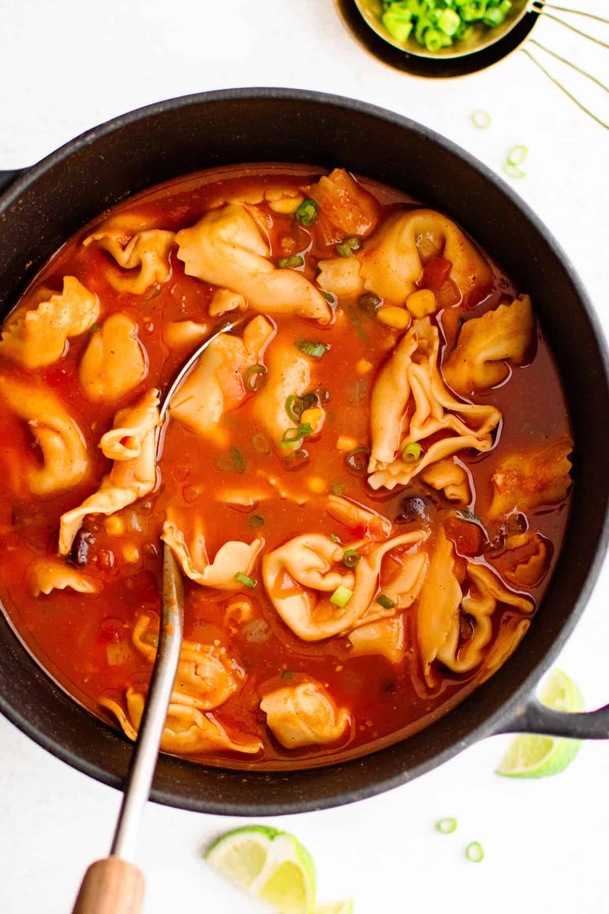 beef tortellini taco soup in a pot