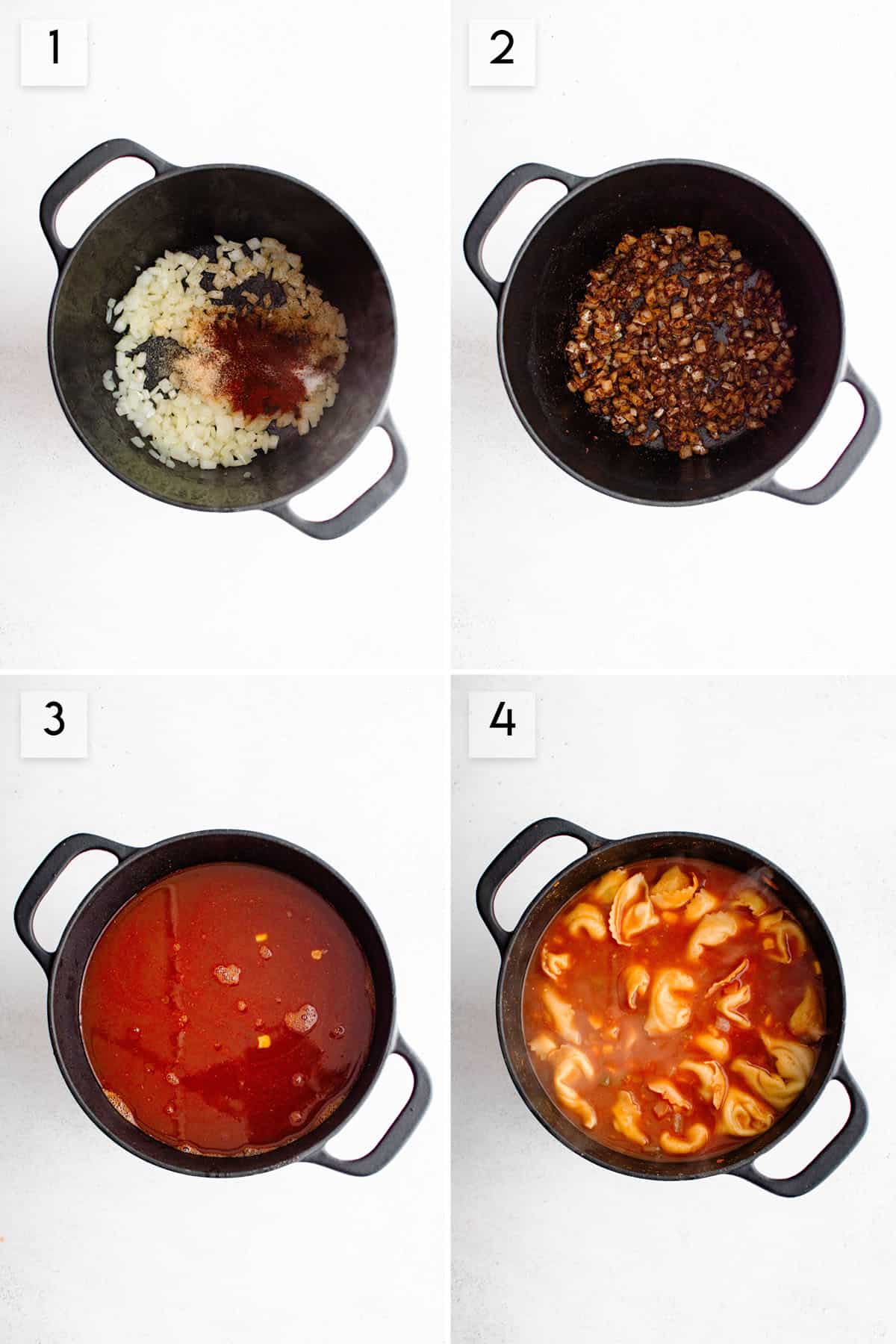 four panel collage image showing what the process of making beef tortellini taco soup should look like at different stages of preparation