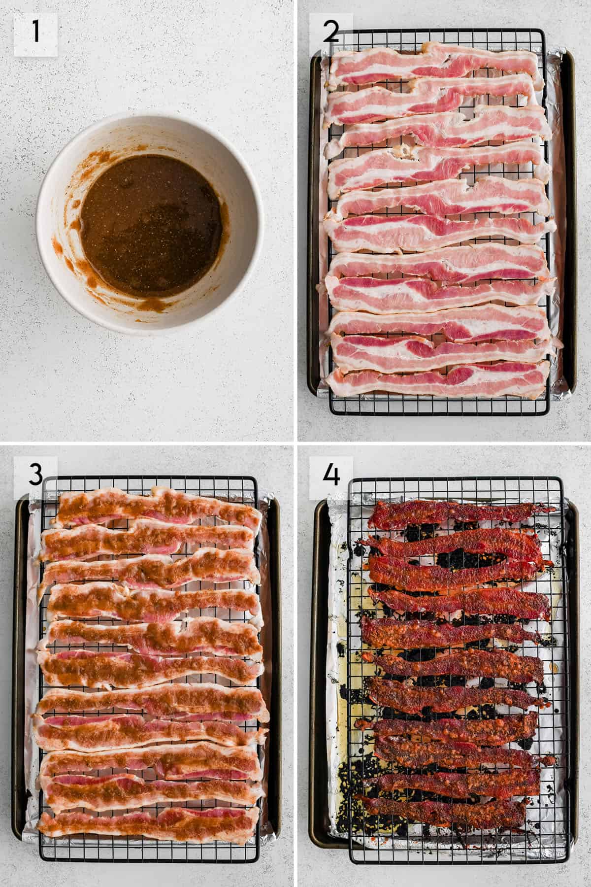 four panel collage image showing what the process of making candied bacon should look like at different stages of preparation