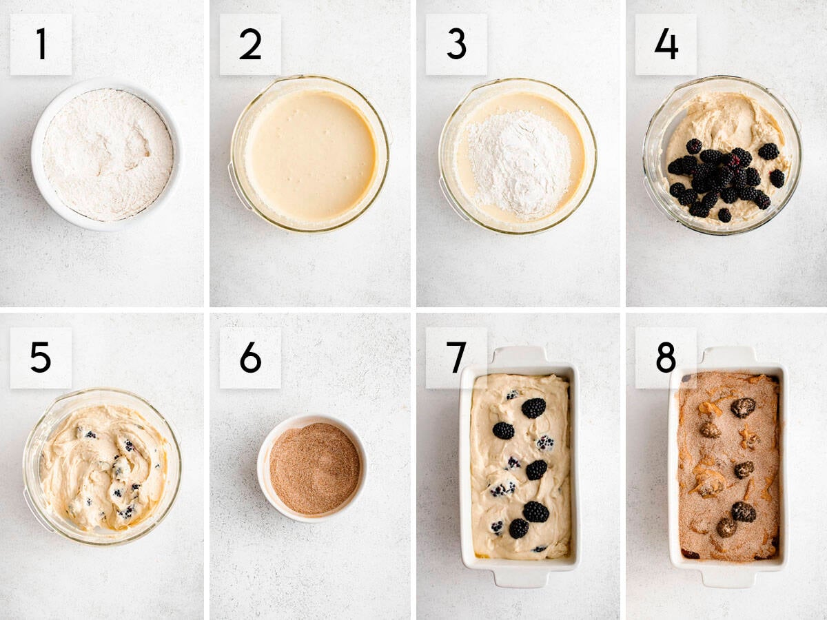 eight panel collage image showing the process of making cinnamon sugar blackberry loaf