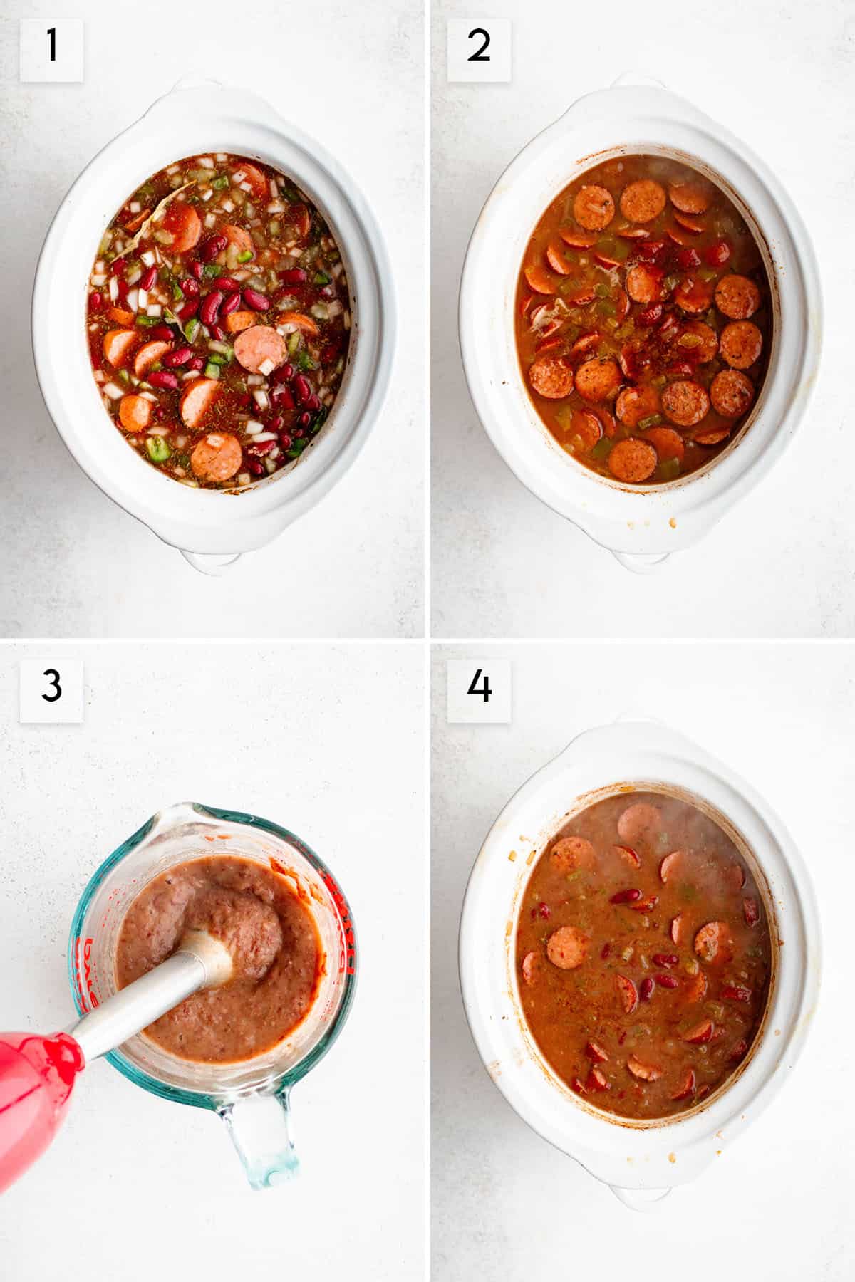 four panel collage image showing what the process of making crockpot red beans and rice should look like at different stages if using canned beans