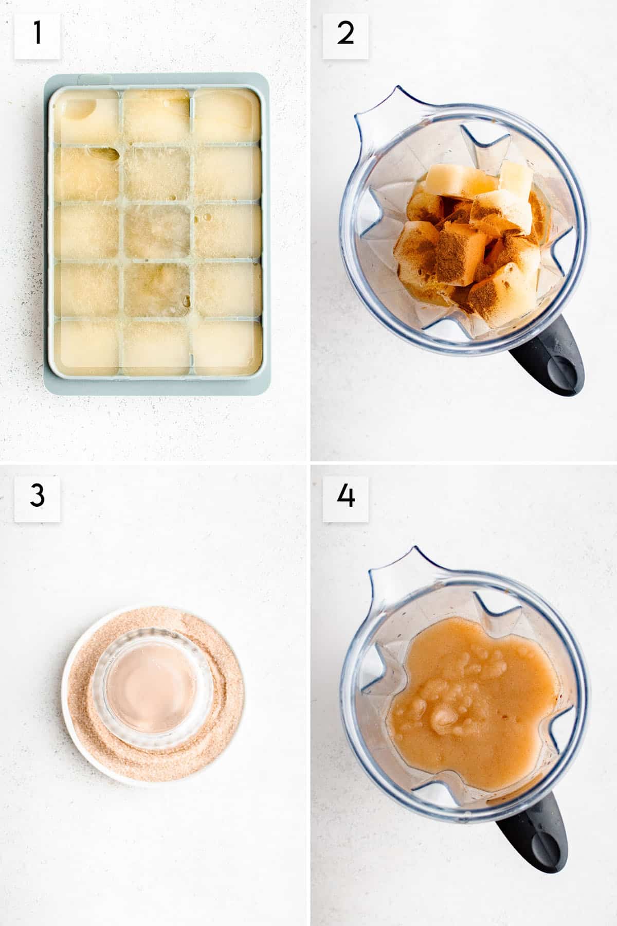 four panel collage image showing what the process of making frozen apple cider margaritas should look like at different stages of preparation