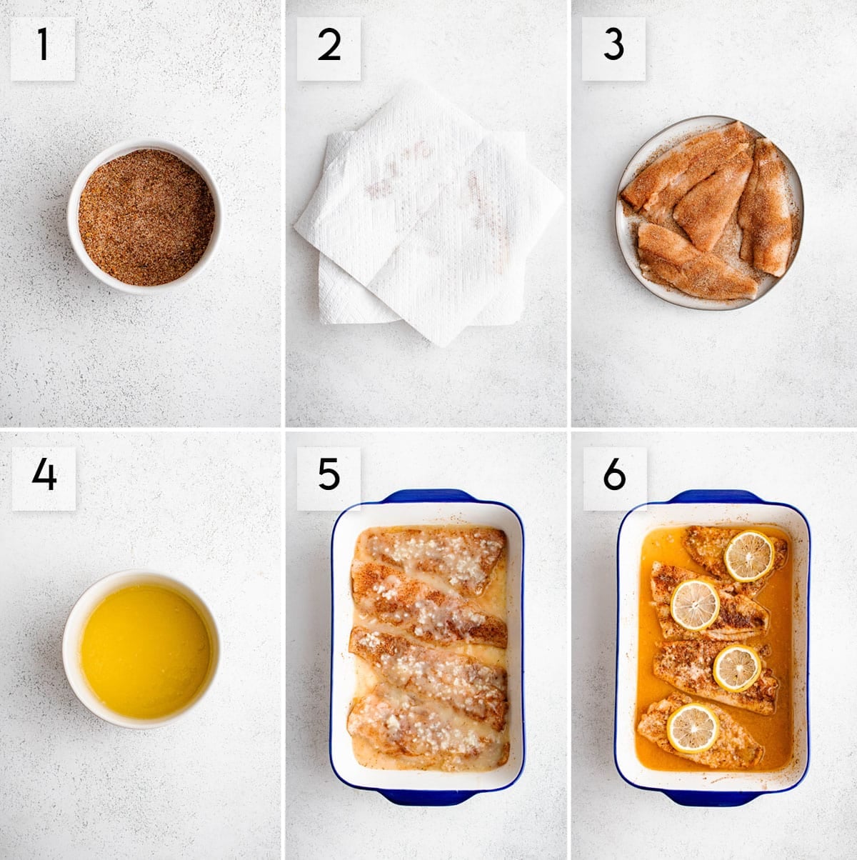 six panel collage image showing what the process of making lemon garlic butter baked fish should look like at different stages of preparation