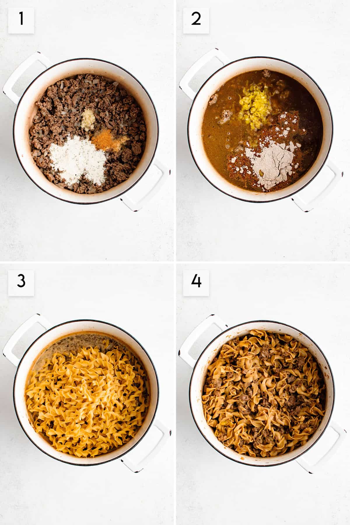 four panel collage image showing what the process of making one pot mississippi beef and noodles should look like at different stages of preparation