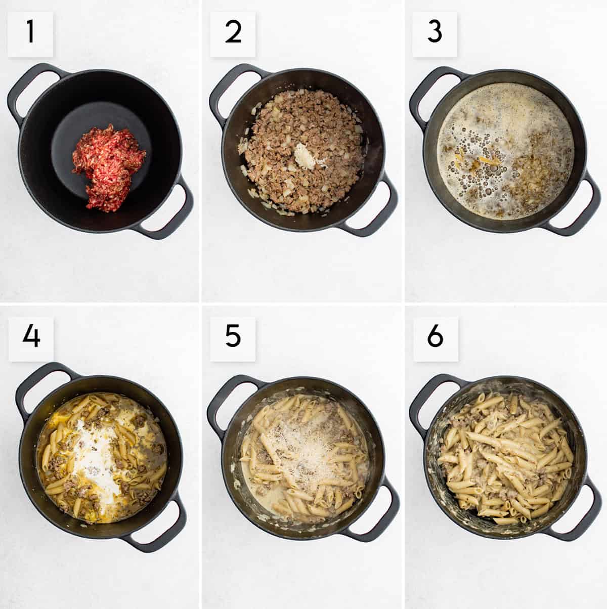 six panel collage image showing the process of making one pot sausage pesto pasta