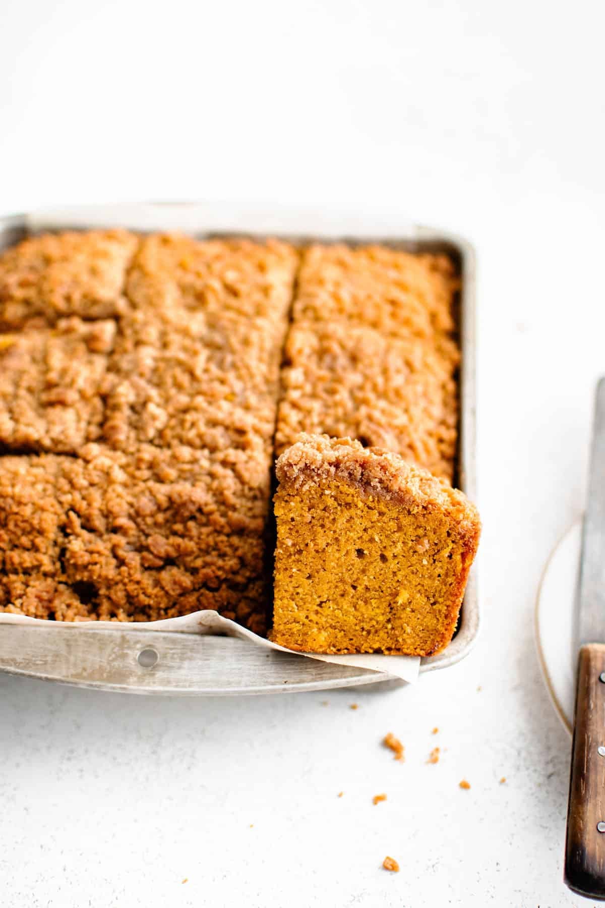 pumpkin coffee cake in a 9x9 baking pan