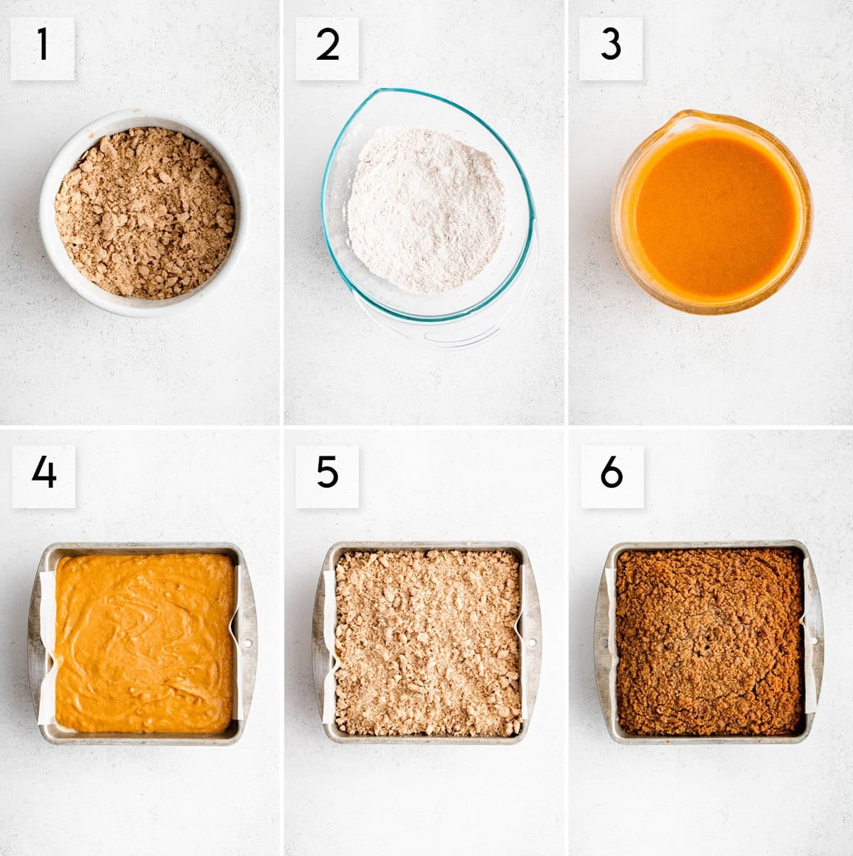 six panel collage image showing what the process of making pumpkin coffee cake should look like at different stages of preparation