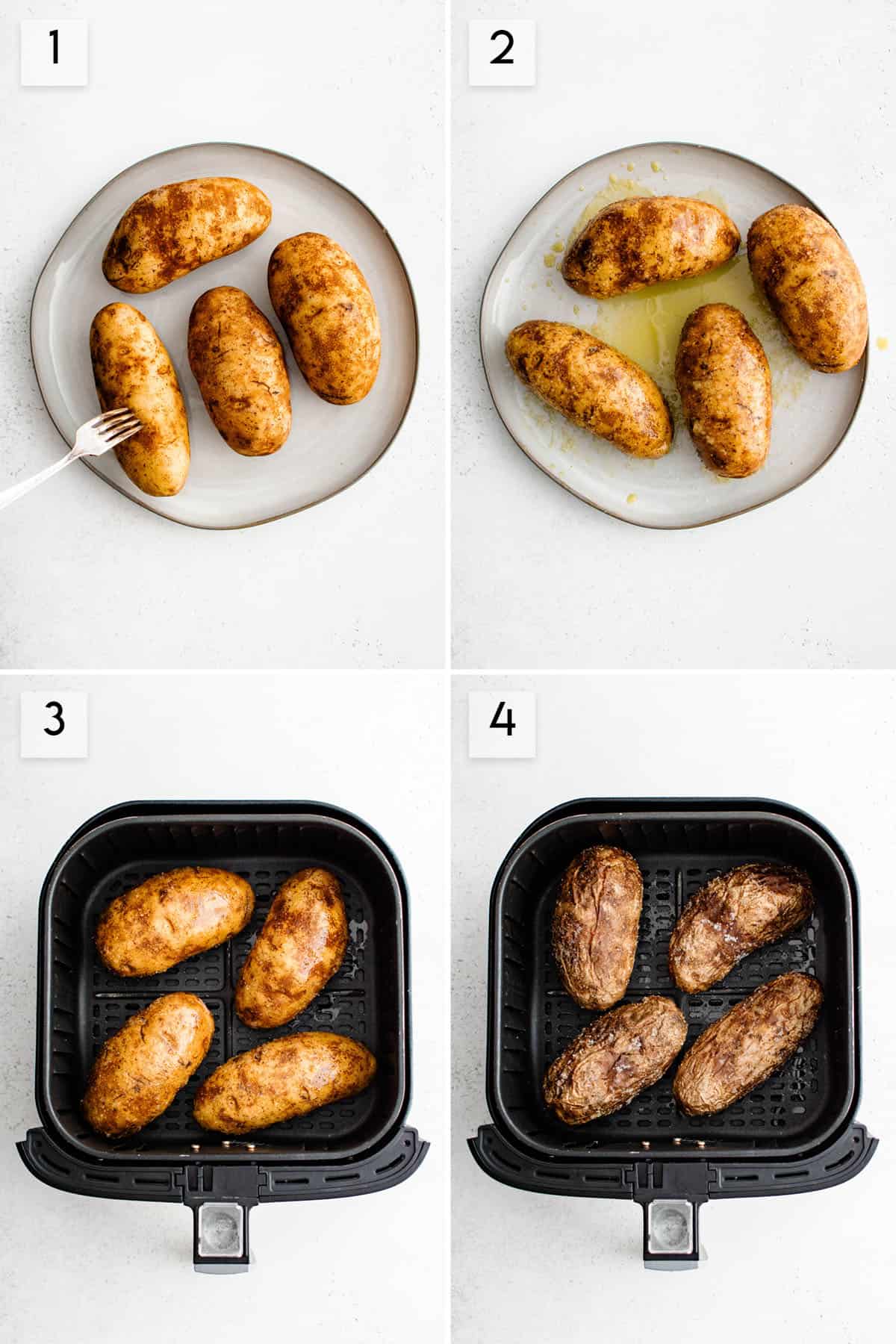 four panel collage image showing the process of making air fryer baked potatoes