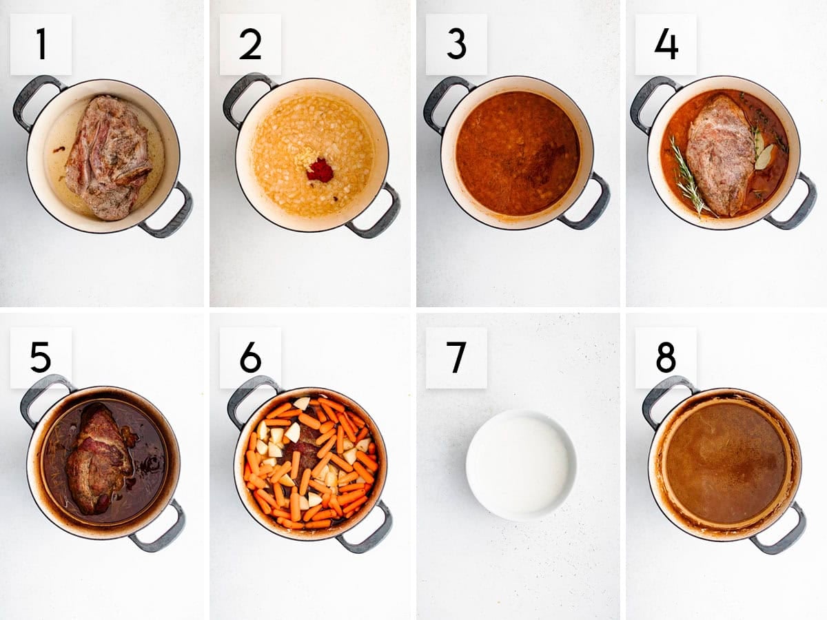 eight panel collage image showing what the process of making braised apple cider pork roast should look like at different stages of preparation