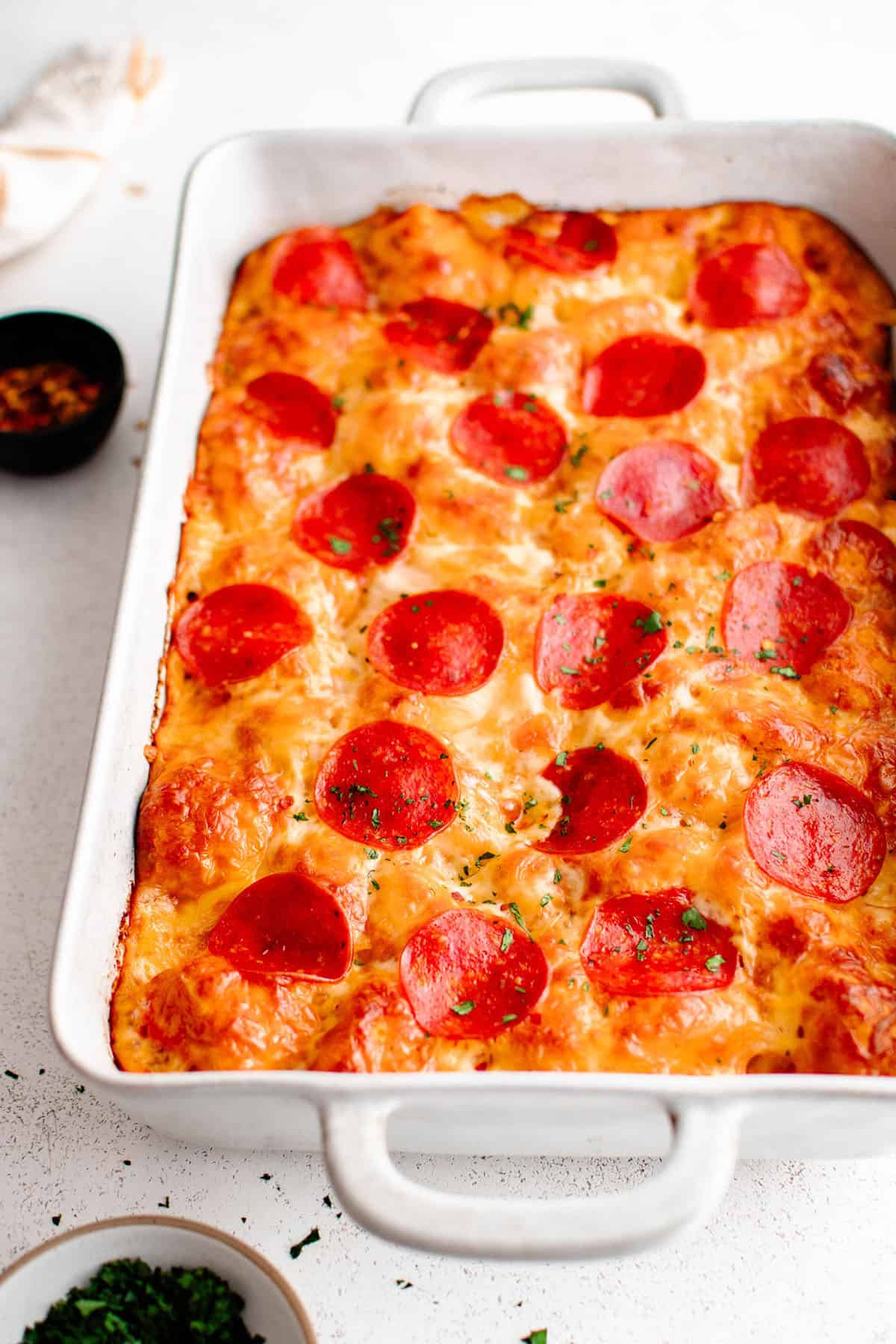 bubble up pizza in a baking dish