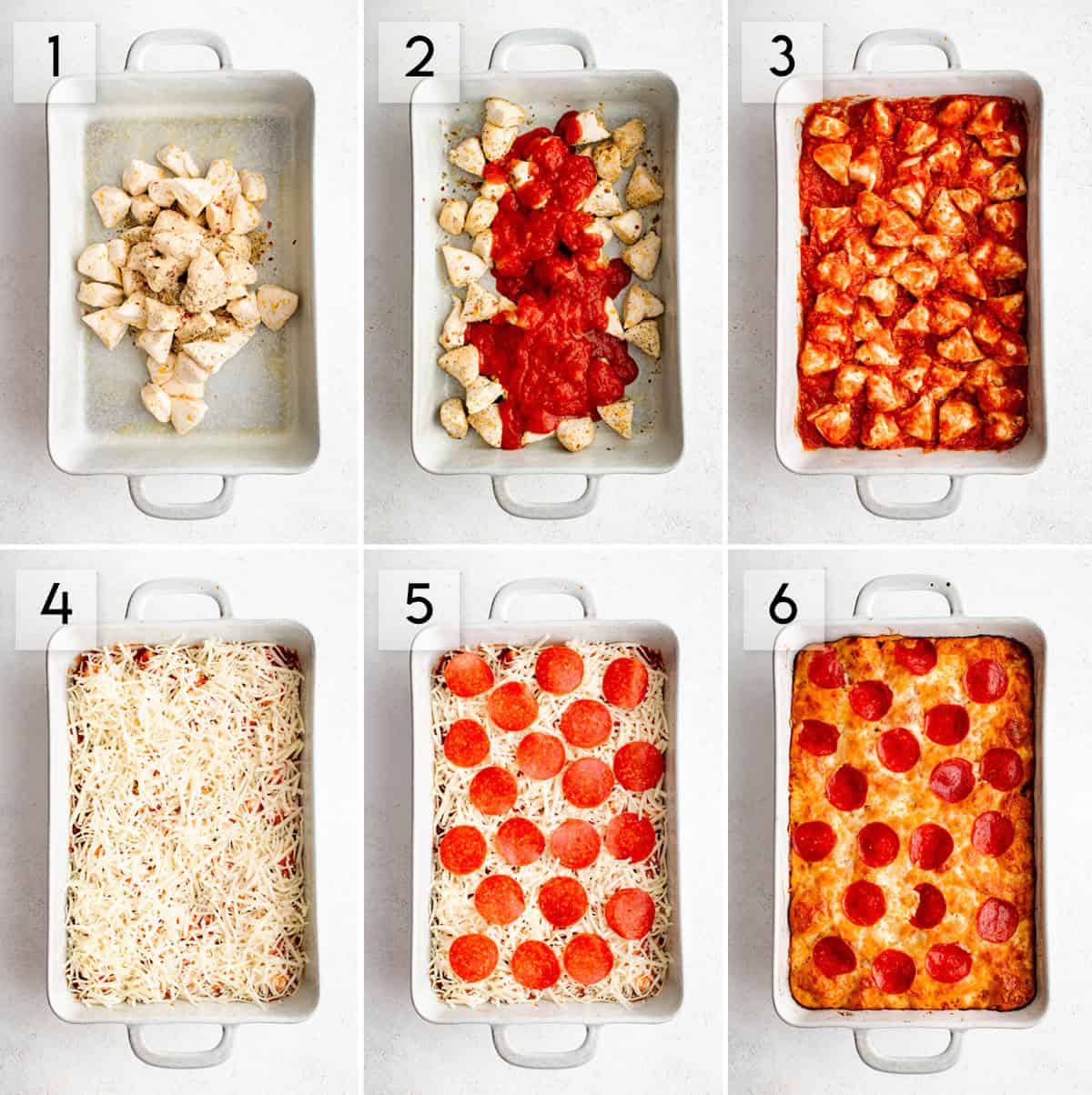 six panel collage image showing what the process of making bubble up pizza should look like at different stages of preparation