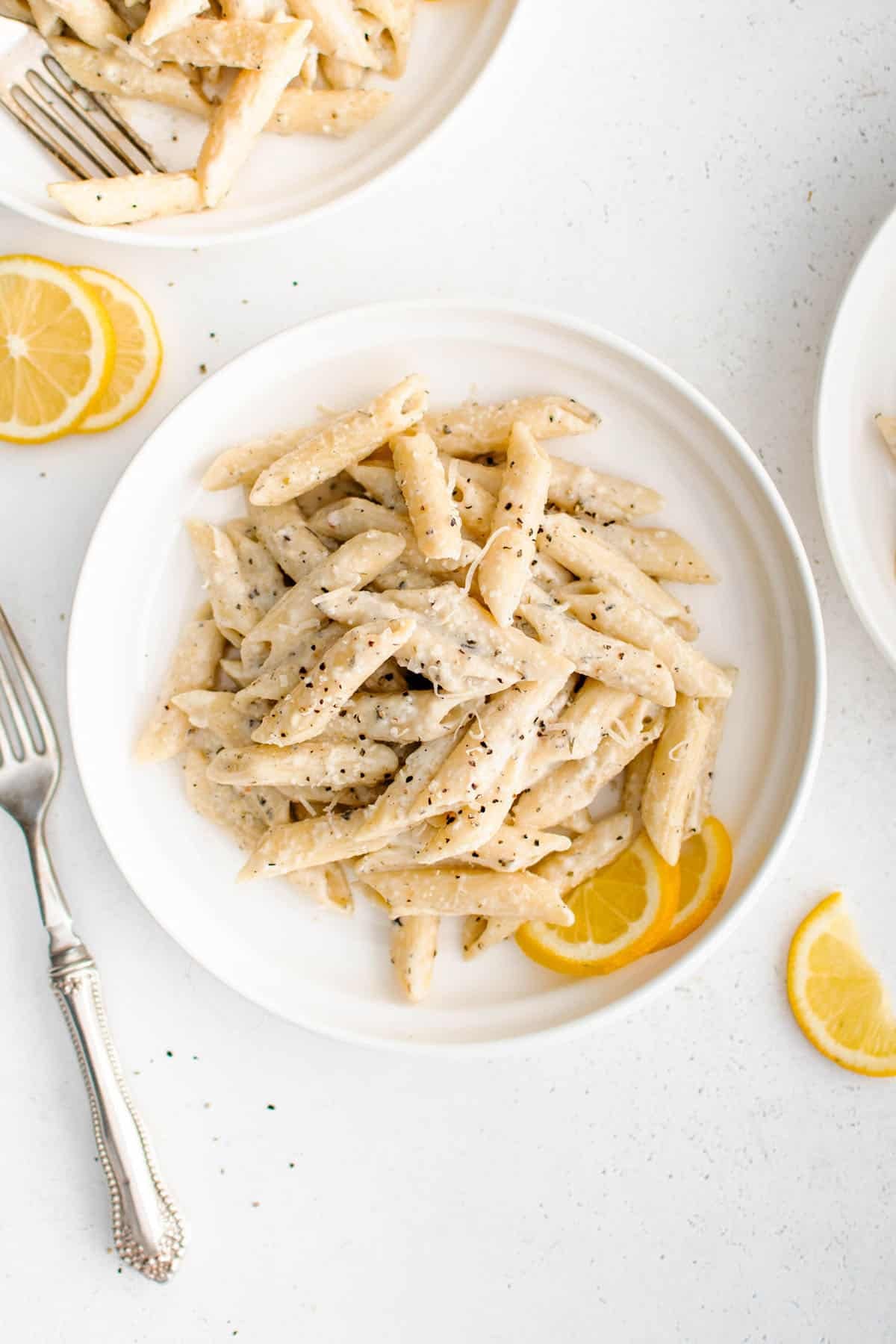 creamy lemon garlic pasta on a plate