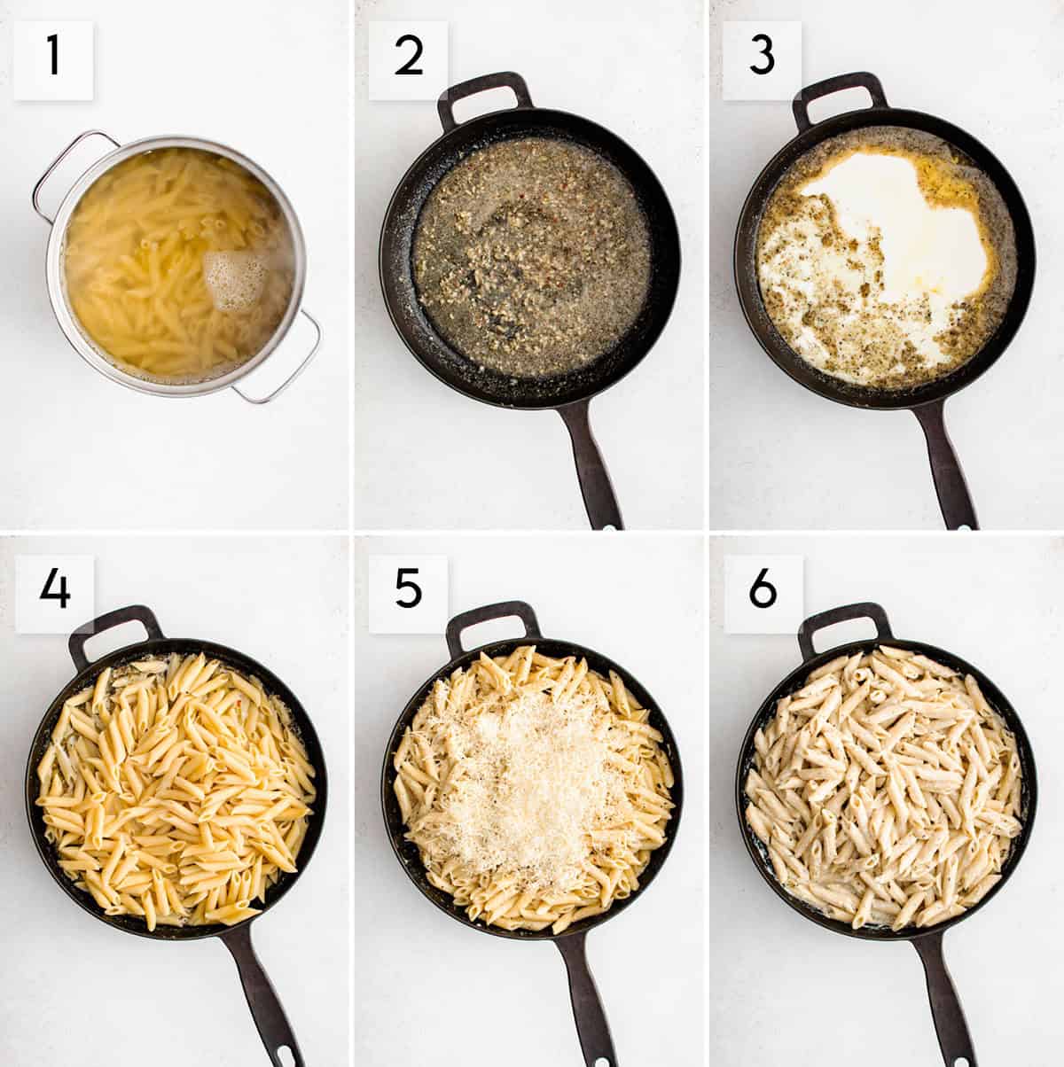 six panel collage image showing what the process of making creamy lemon garlic pasta should look like at different stages of preparation