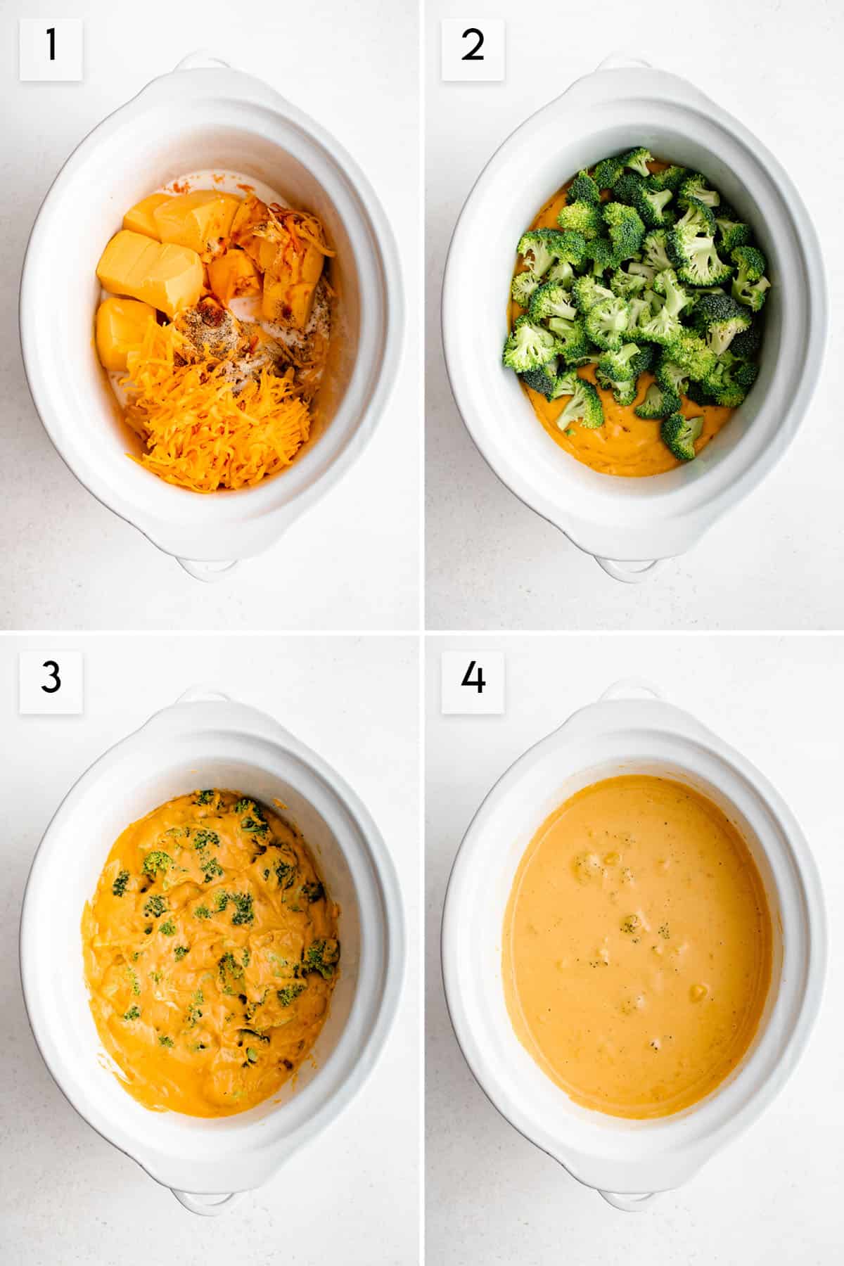 four panel collage image showing what the process of making crockpot broccoli cheese sauce should look like at different stages of preparation