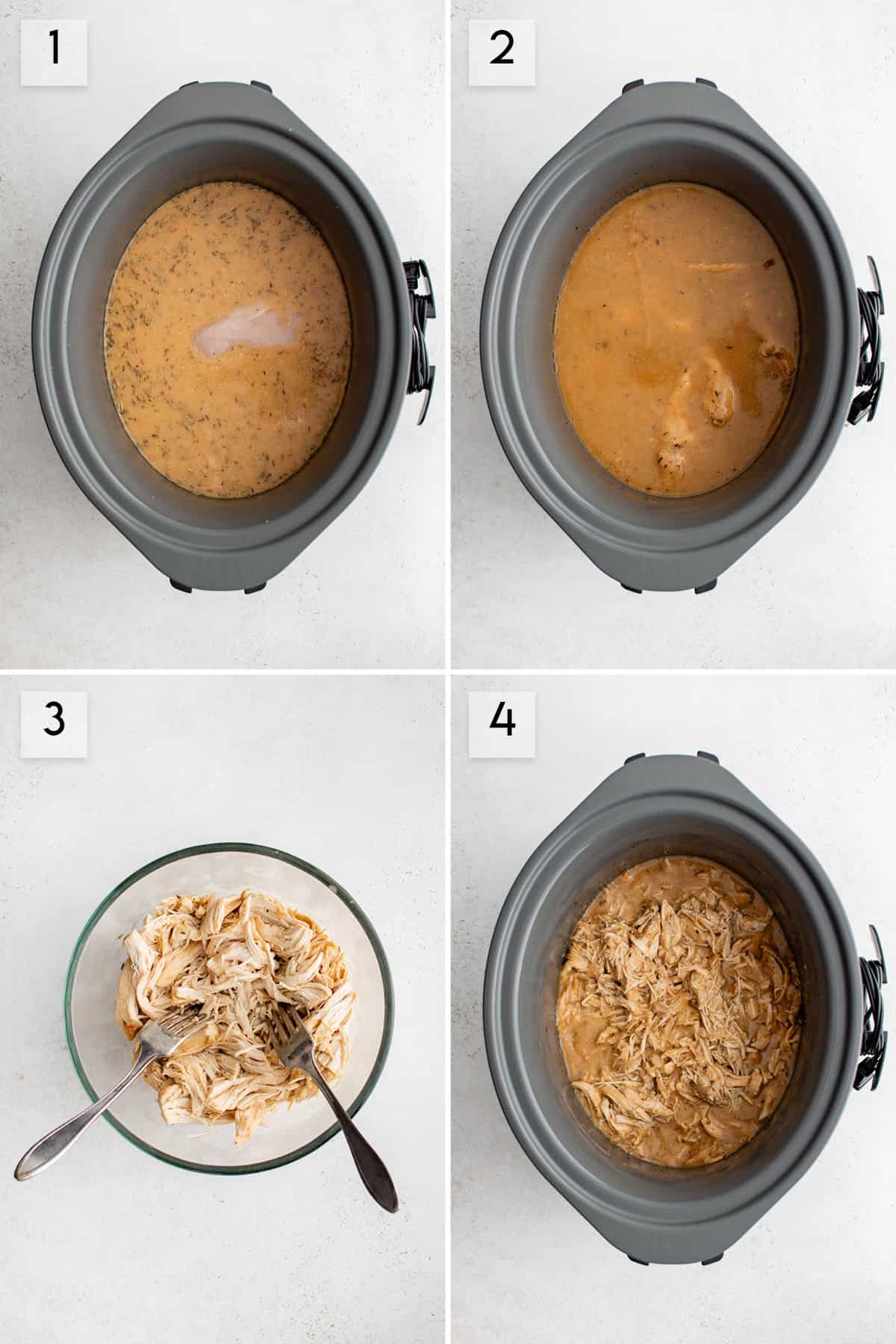 four panel collage image showing what the process of making crockpot chicken and gravy should look like at different stages of preparation