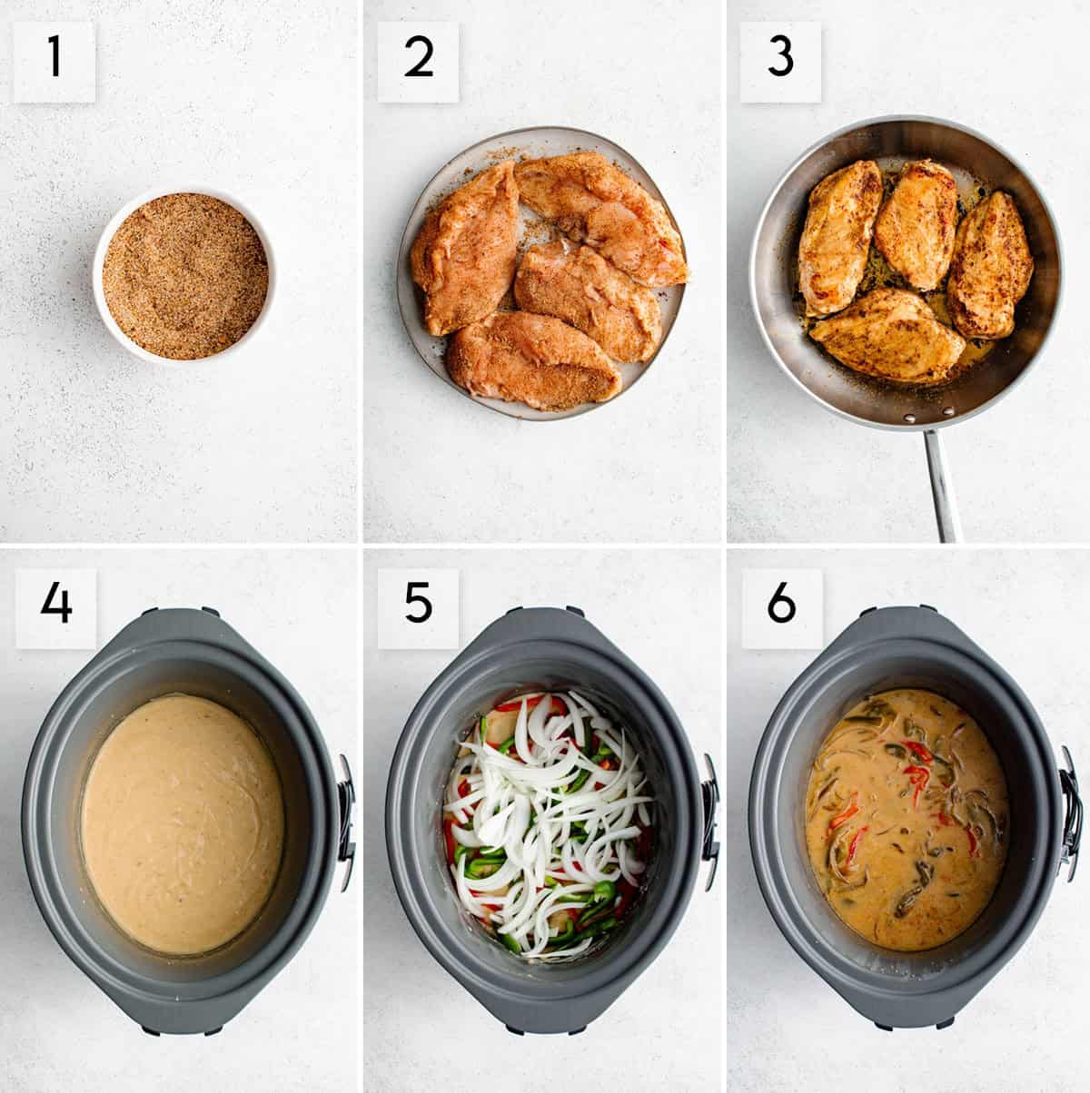 six panel collage image showing what the process of making crockpot smothered chicken should look like at different stages of preparation