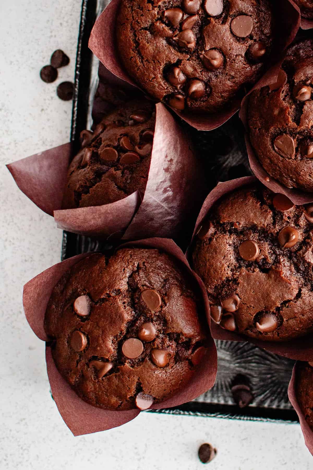 overhead photo of double chocolate muffins in their wrappers on a serving dish