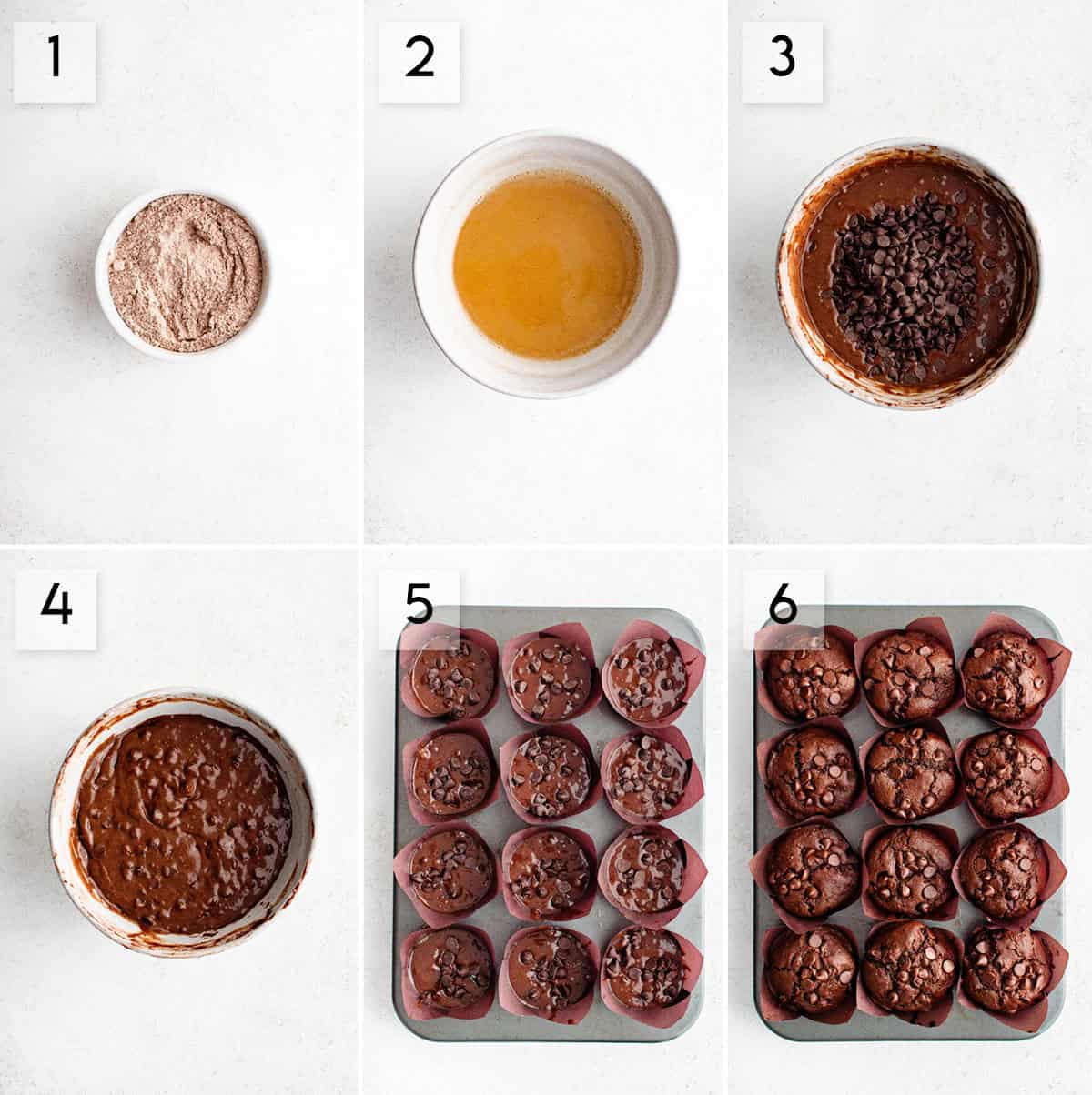 six panel collage image showing what the process of making double chocolate muffins should look like at different stages of preparation