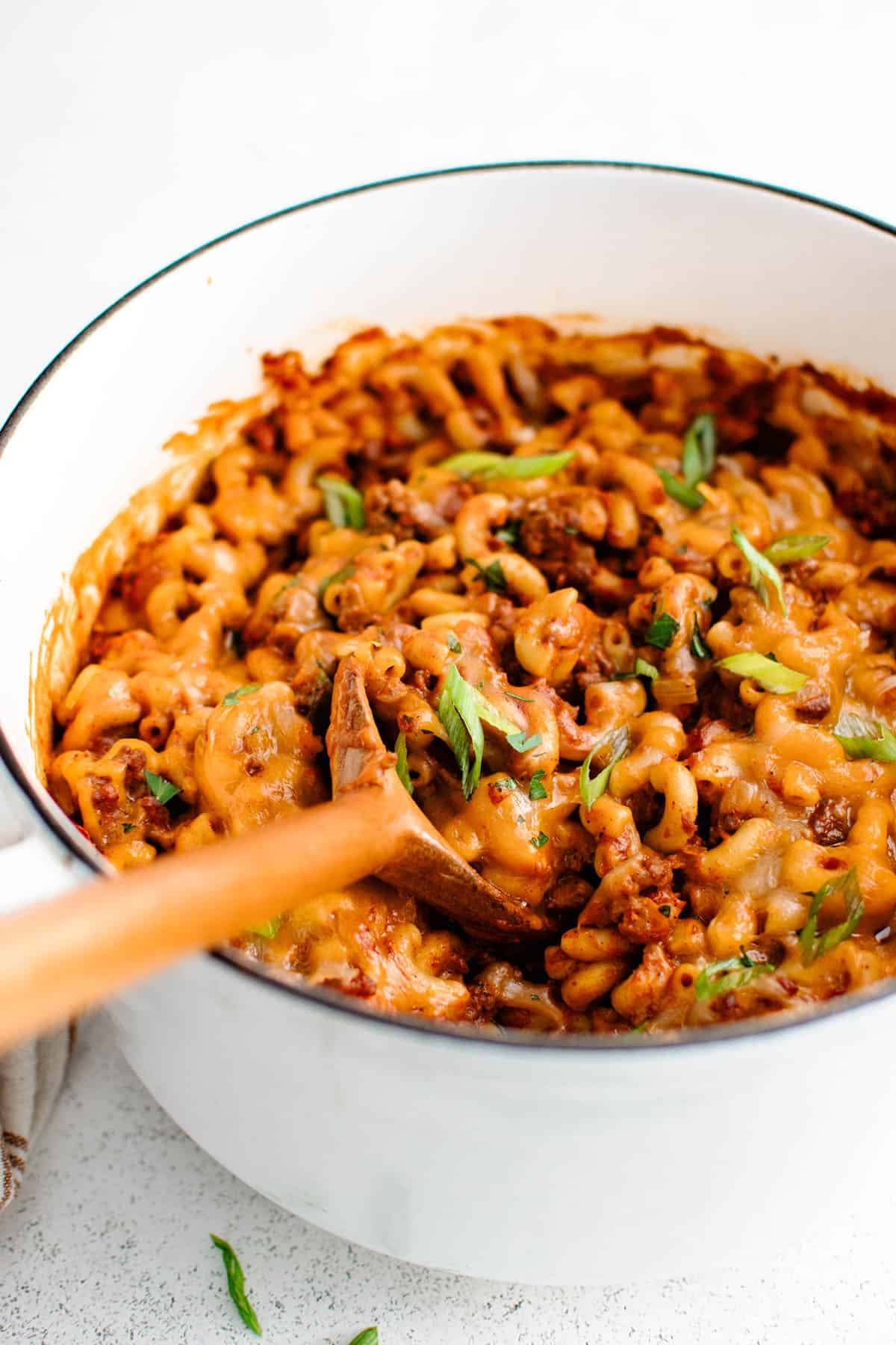 one pot chili mac and cheese in a large pot