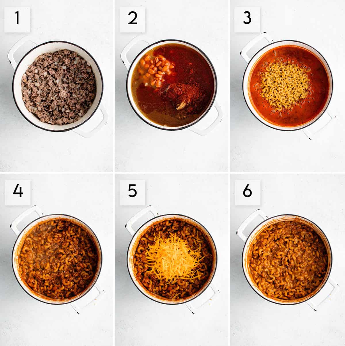 six panel collage image showing what the process of making one pot chili mac and cheese should look like at different stages of preparation